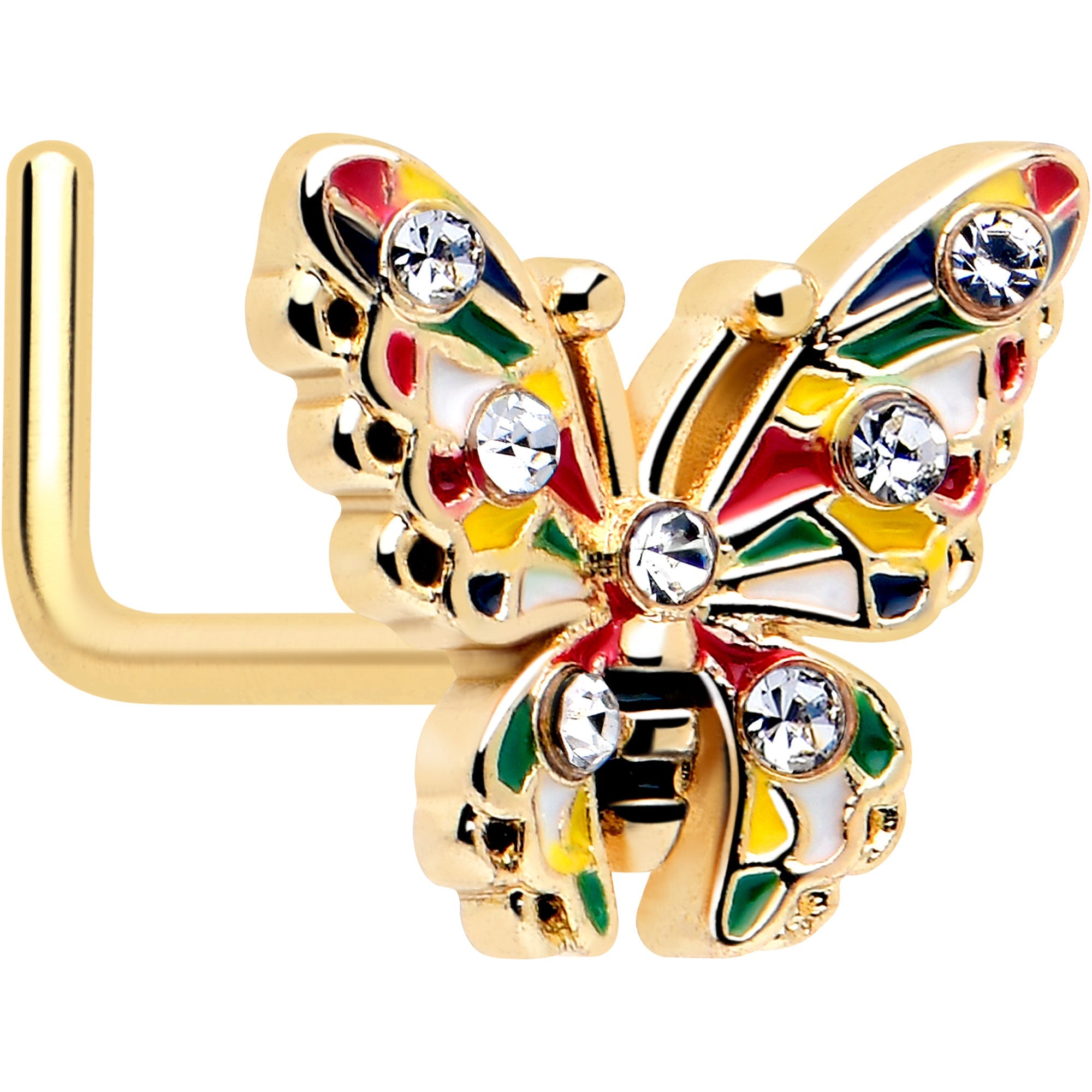 BodyCandy 20G 7mm Clear Gem Gold Tone Color Block Butterfly L Shape Nose Ring — main product shot