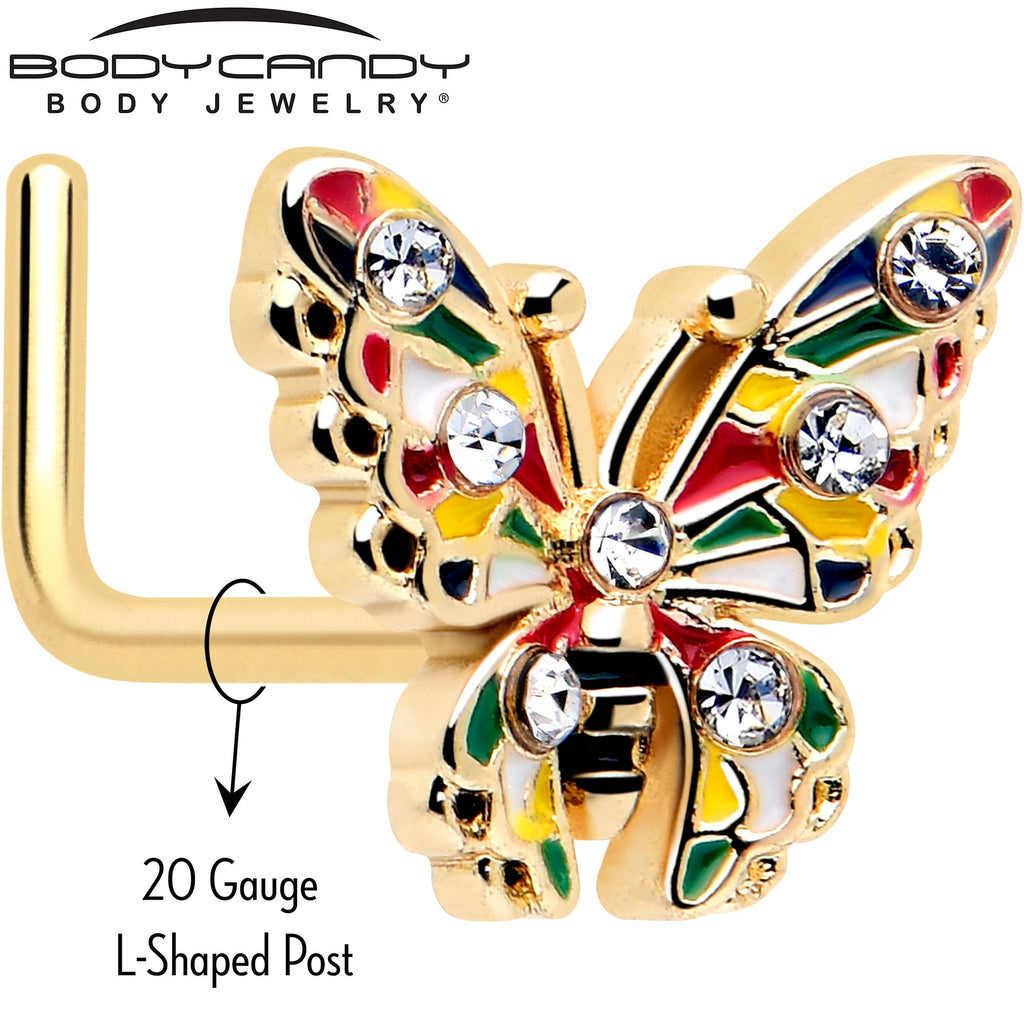BodyCandy 20G 7mm Clear Gem Gold Tone Color Block Butterfly L Shape Nose Ring — detail close-up