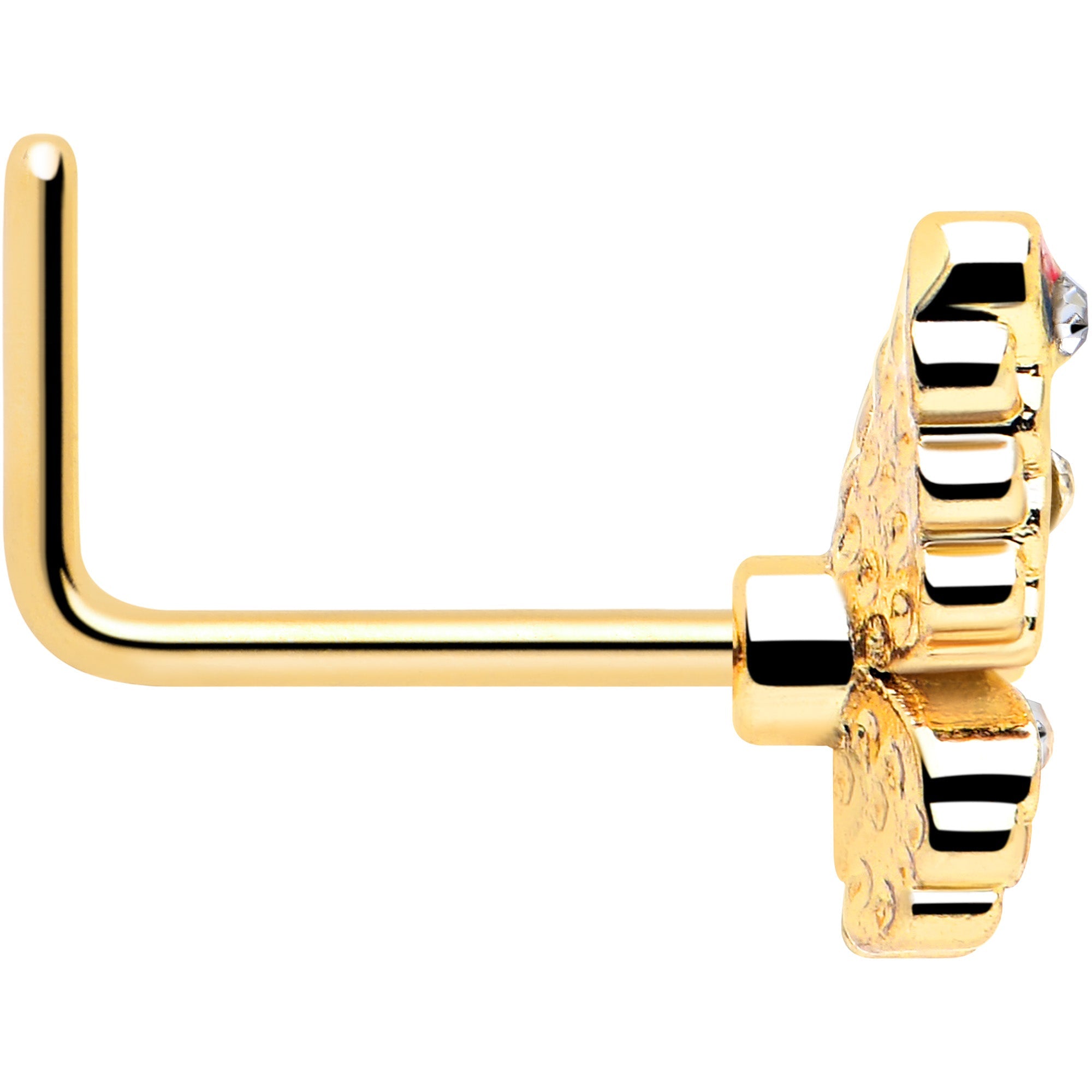 BodyCandy 20G 7mm Clear Gem Gold Tone Color Block Butterfly L Shape Nose Ring — side view