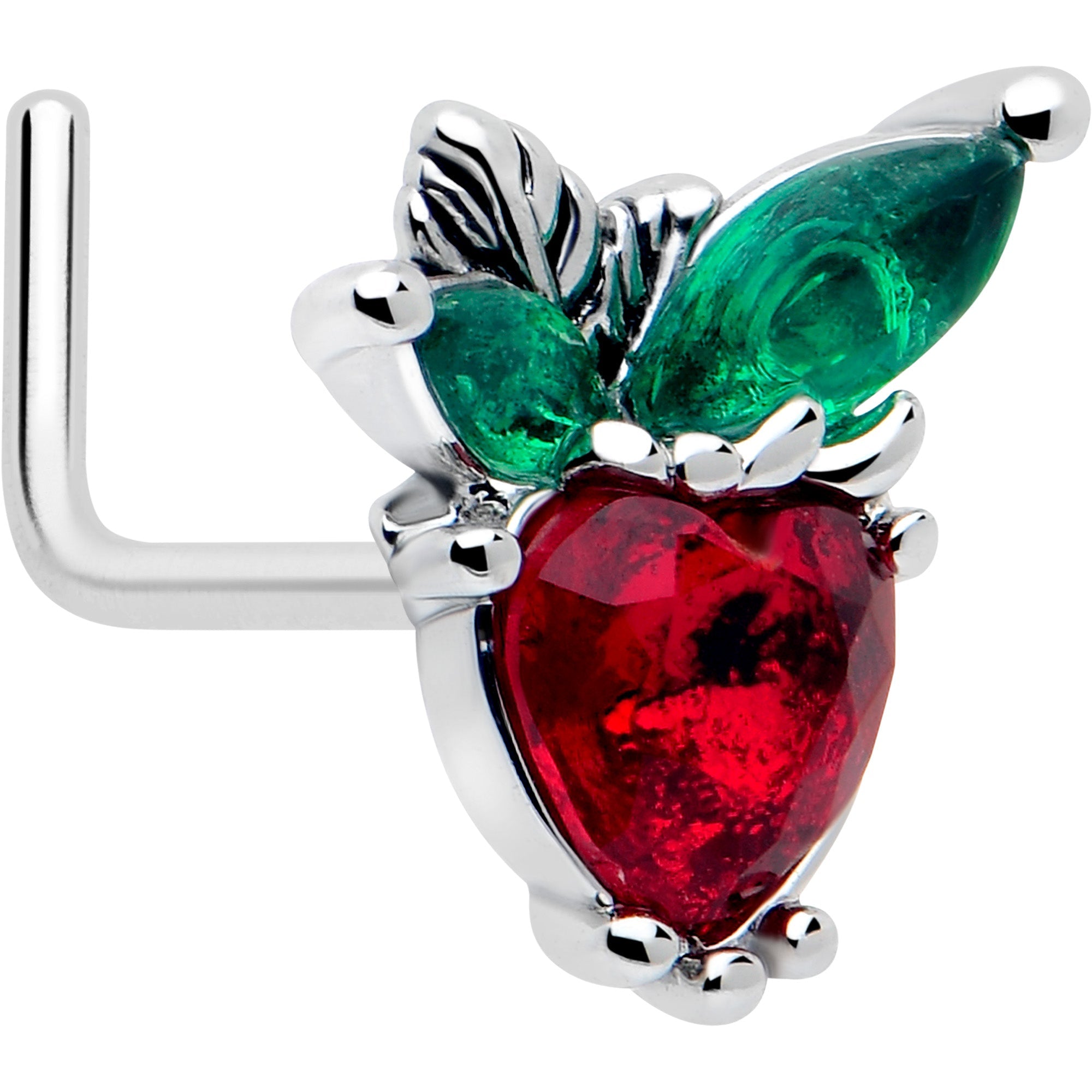 BodyCandy 20G 7mm Red Green Gem Strawberry Heart L Shape Nose Ring — main product shot