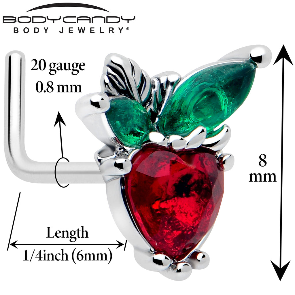 BodyCandy 20G 7mm Red Green Gem Strawberry Heart L Shape Nose Ring — detail close-up