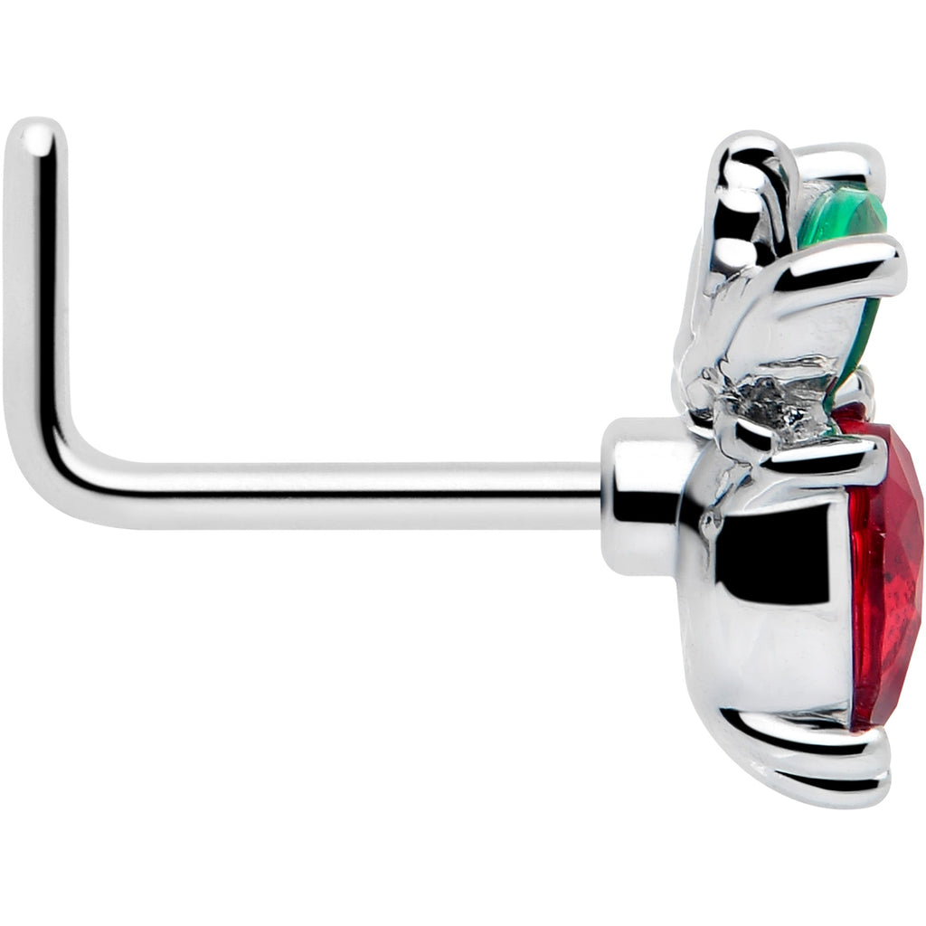 BodyCandy 20G 7mm Red Green Gem Strawberry Heart L Shape Nose Ring — side view
