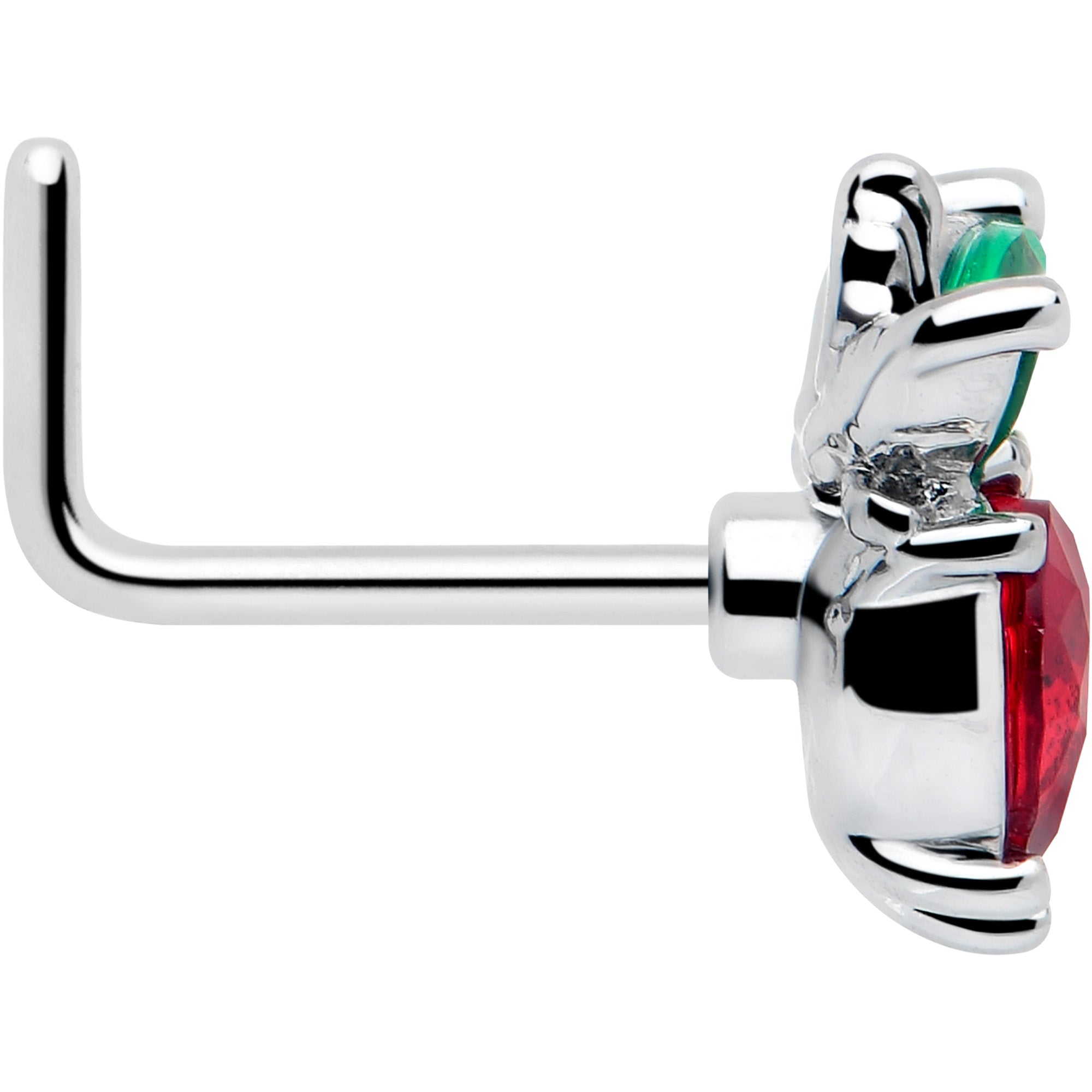 BodyCandy 20G 7mm Red Green Gem Strawberry Heart L Shape Nose Ring — side view