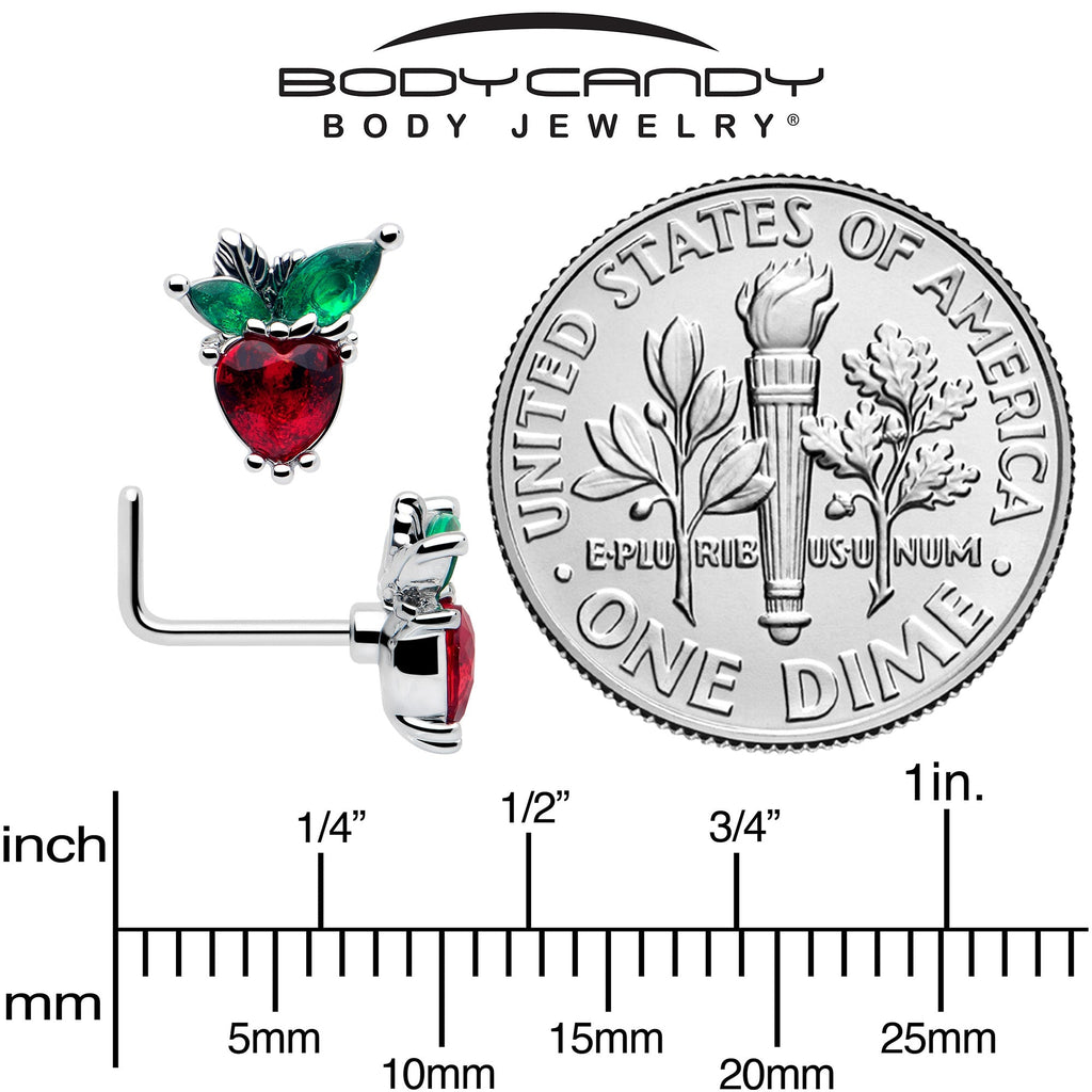 BodyCandy 20G 7mm Red Green Gem Strawberry Heart L Shape Nose Ring — back view