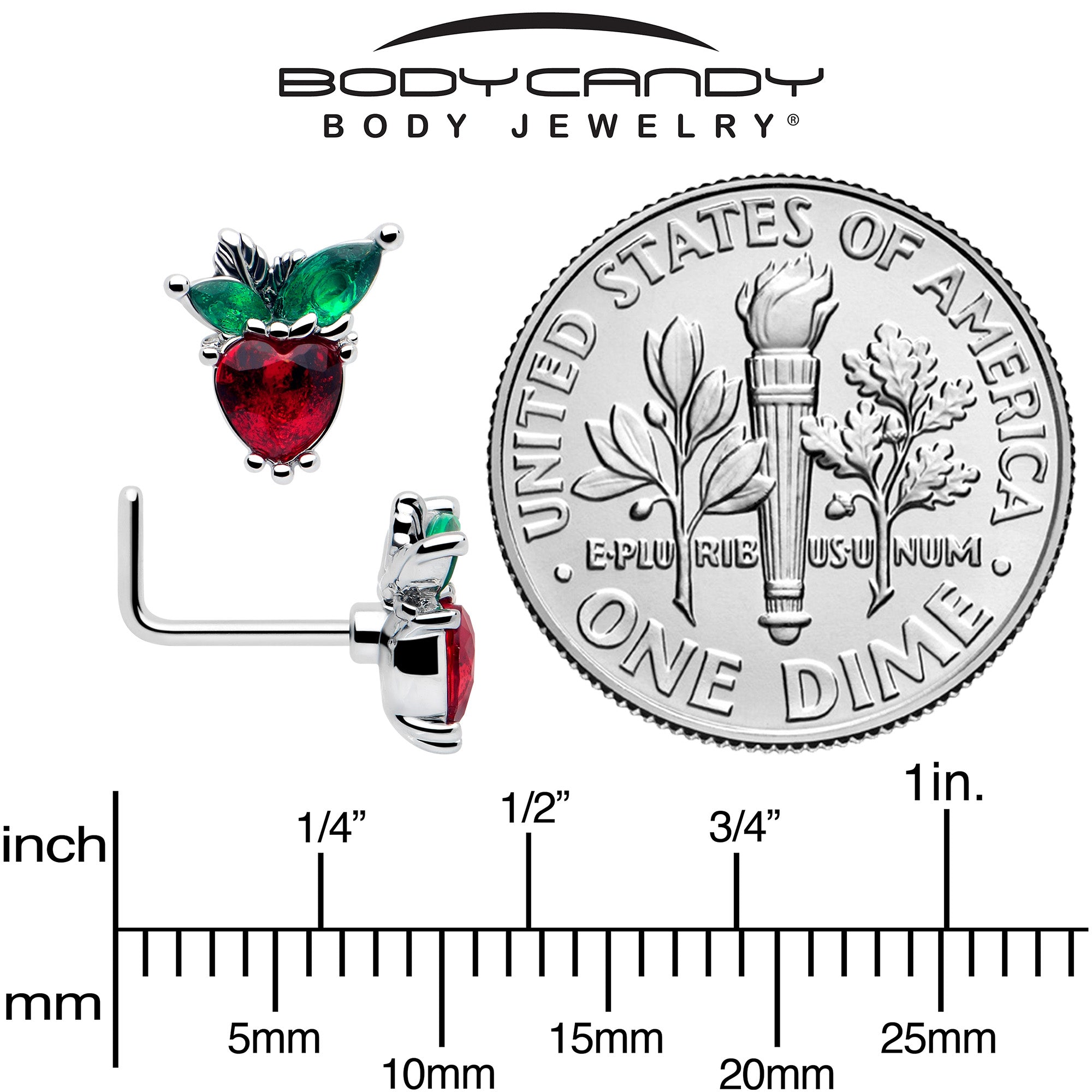 BodyCandy 20G 7mm Red Green Gem Strawberry Heart L Shape Nose Ring — back view