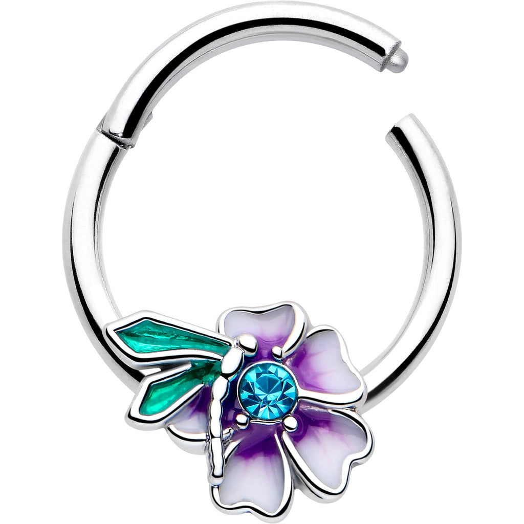 BodyCandy 16G 3/8 Blue Gem Faerie Flower Purple Hinged Segment Ring — detail close-up