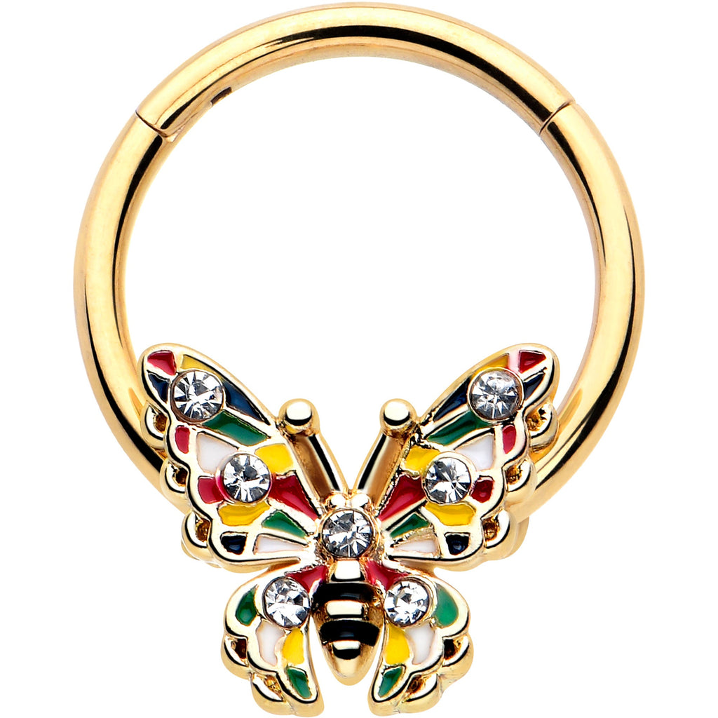 BodyCandy 16G 3/8 Clear Gem Gold Tone Color Block Butterfly Hinged Segment Ring — main product shot