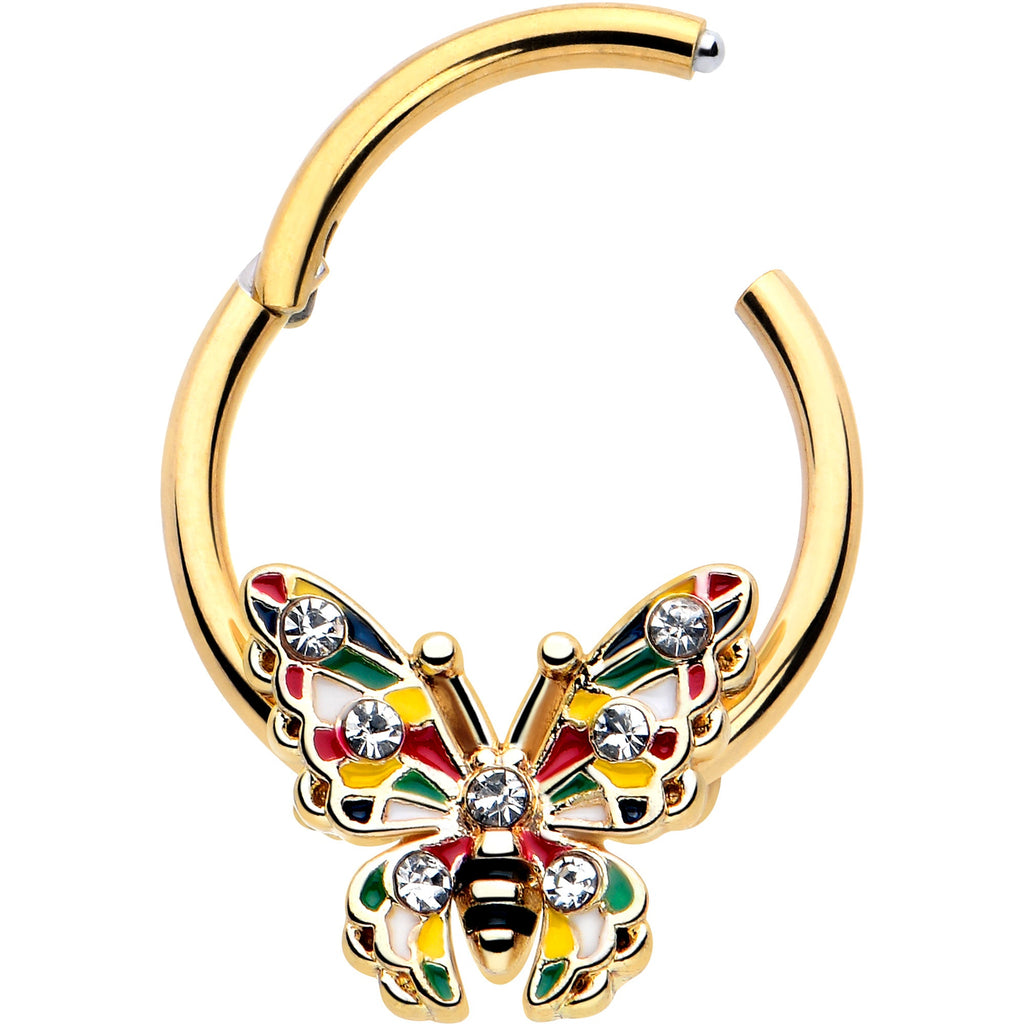 BodyCandy 16G 3/8 Clear Gem Gold Tone Color Block Butterfly Hinged Segment Ring — detail close-up