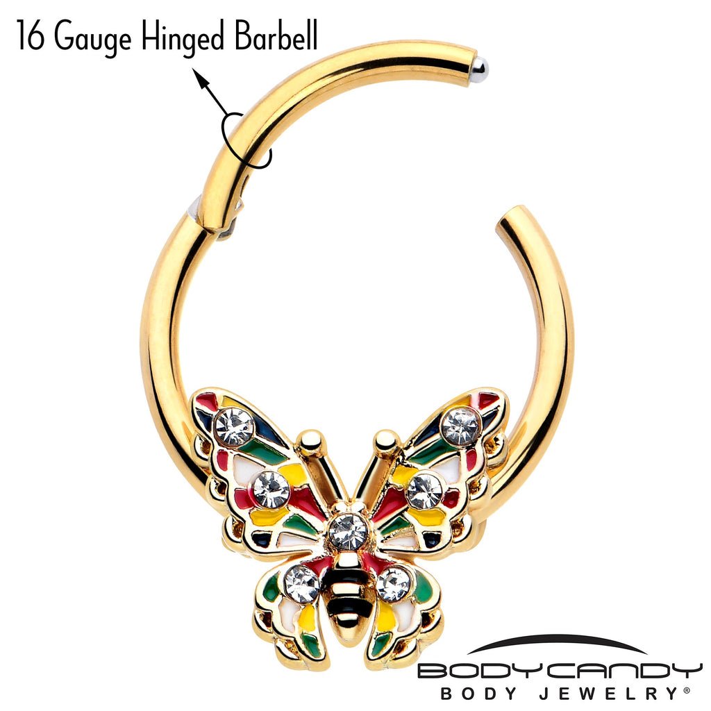 BodyCandy 16G 3/8 Clear Gem Gold Tone Color Block Butterfly Hinged Segment Ring — lifestyle context