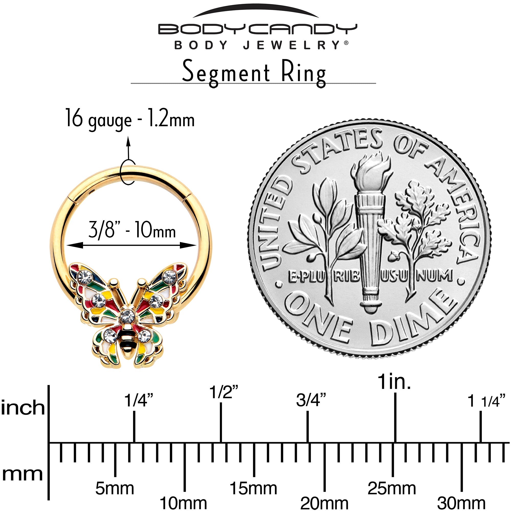 BodyCandy 16G 3/8 Clear Gem Gold Tone Color Block Butterfly Hinged Segment Ring — side view