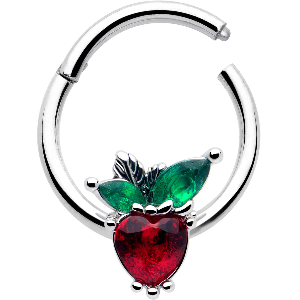 BodyCandy 16G 3/8 Red Green Gem Strawberry Heart Hinged Segment Ring — detail close-up