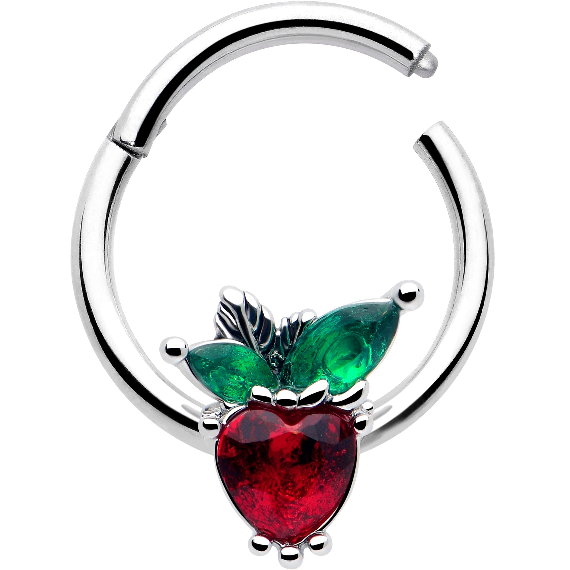 BodyCandy 16G 3/8 Red Green Gem Strawberry Heart Hinged Segment Ring — detail close-up