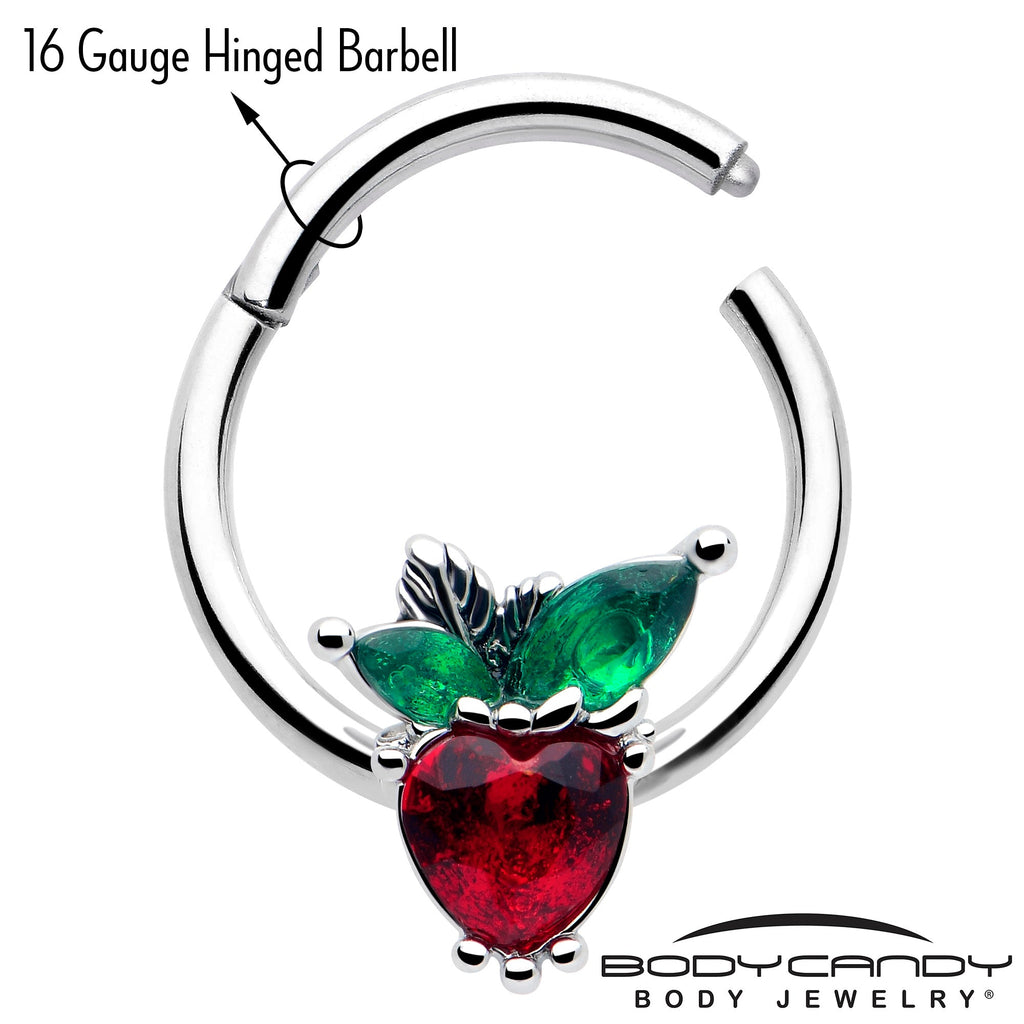 BodyCandy 16G 3/8 Red Green Gem Strawberry Heart Hinged Segment Ring — lifestyle context