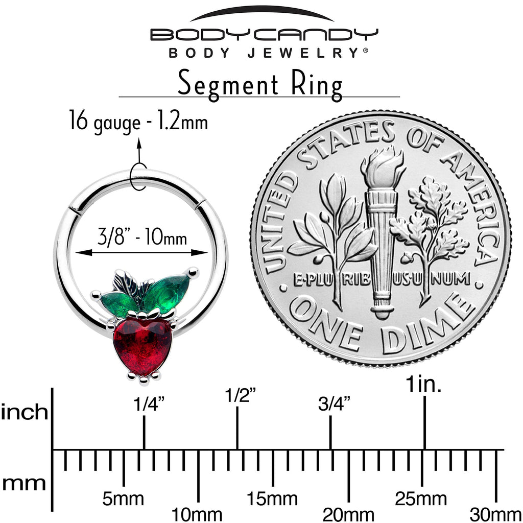 BodyCandy 16G 3/8 Red Green Gem Strawberry Heart Hinged Segment Ring — side view