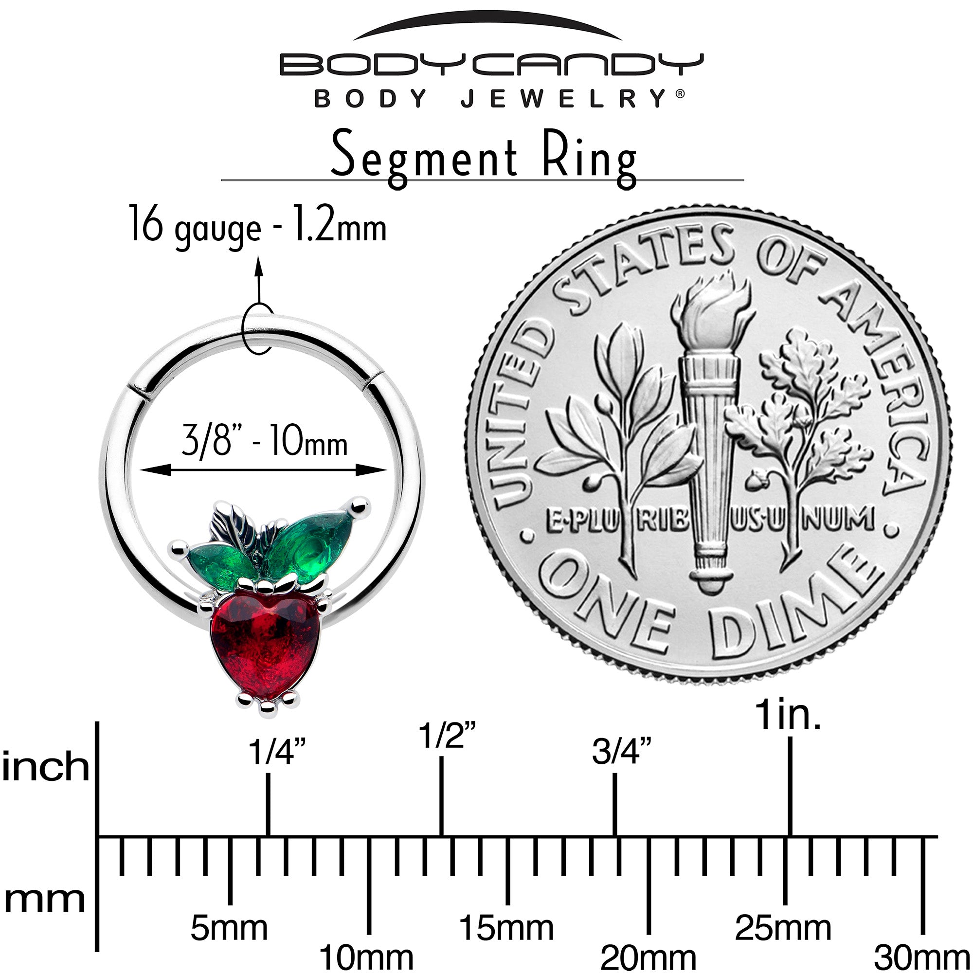 BodyCandy 16G 3/8 Red Green Gem Strawberry Heart Hinged Segment Ring — side view
