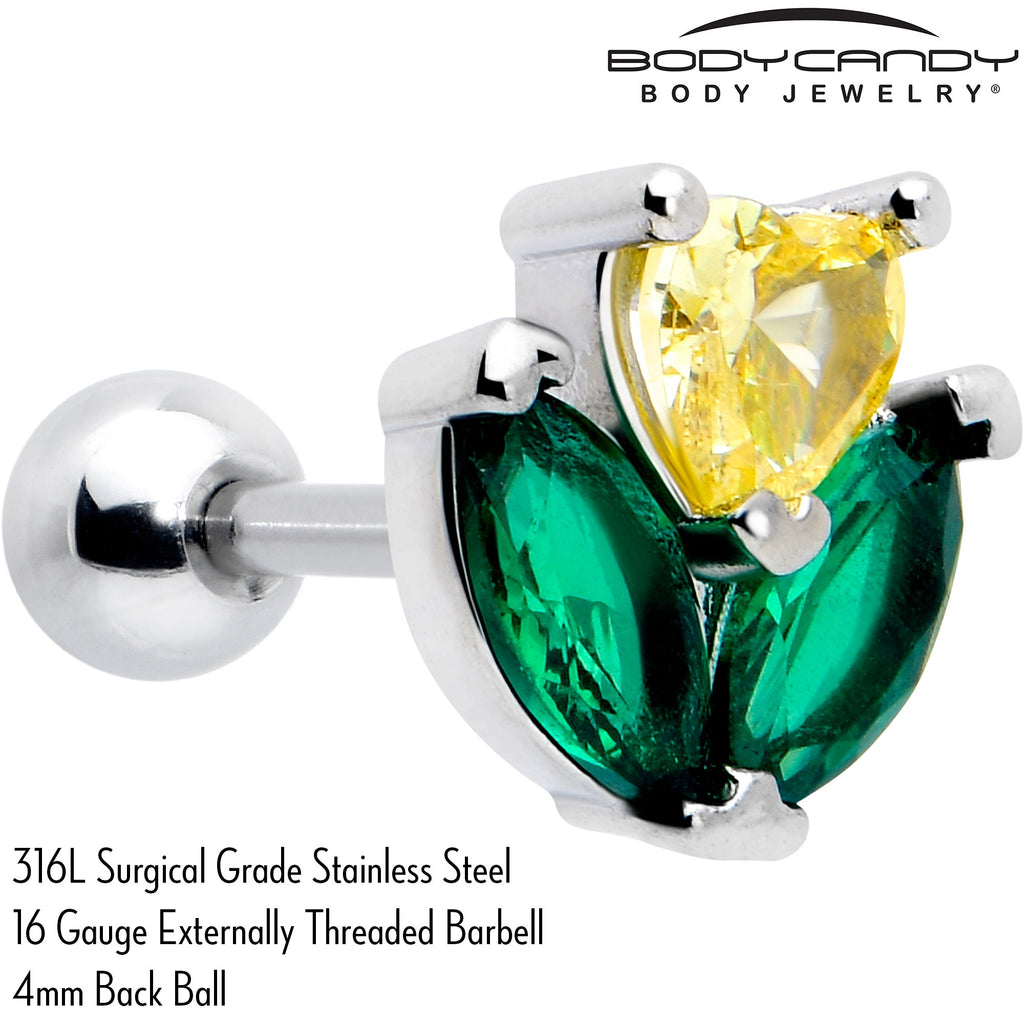 BodyCandy 16G 1/4 Yellow Green CZ Gem Love Flower Cartilage Tragus Earring — detail close-up