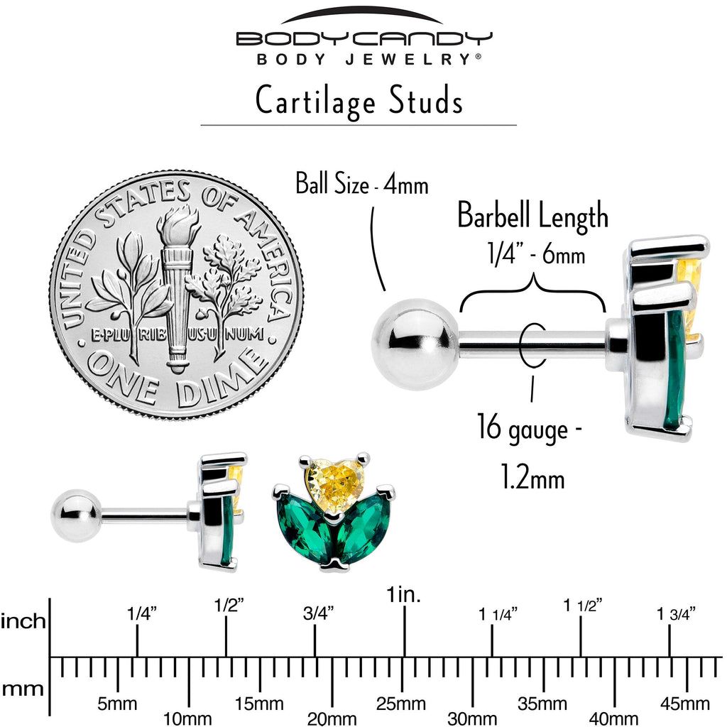 BodyCandy 16G 1/4 Yellow Green CZ Gem Love Flower Cartilage Tragus Earring — back view