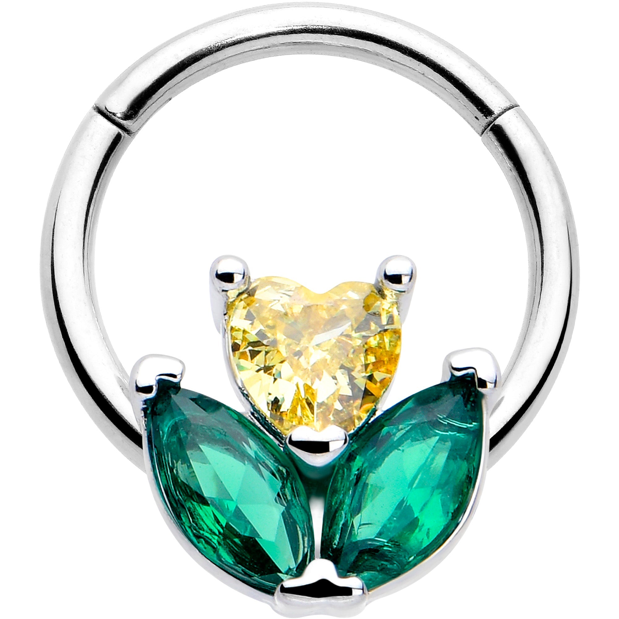 BodyCandy 16G 5/16 Yellow Green CZ Gem Love Flower Hinged Segment Ring — main product shot