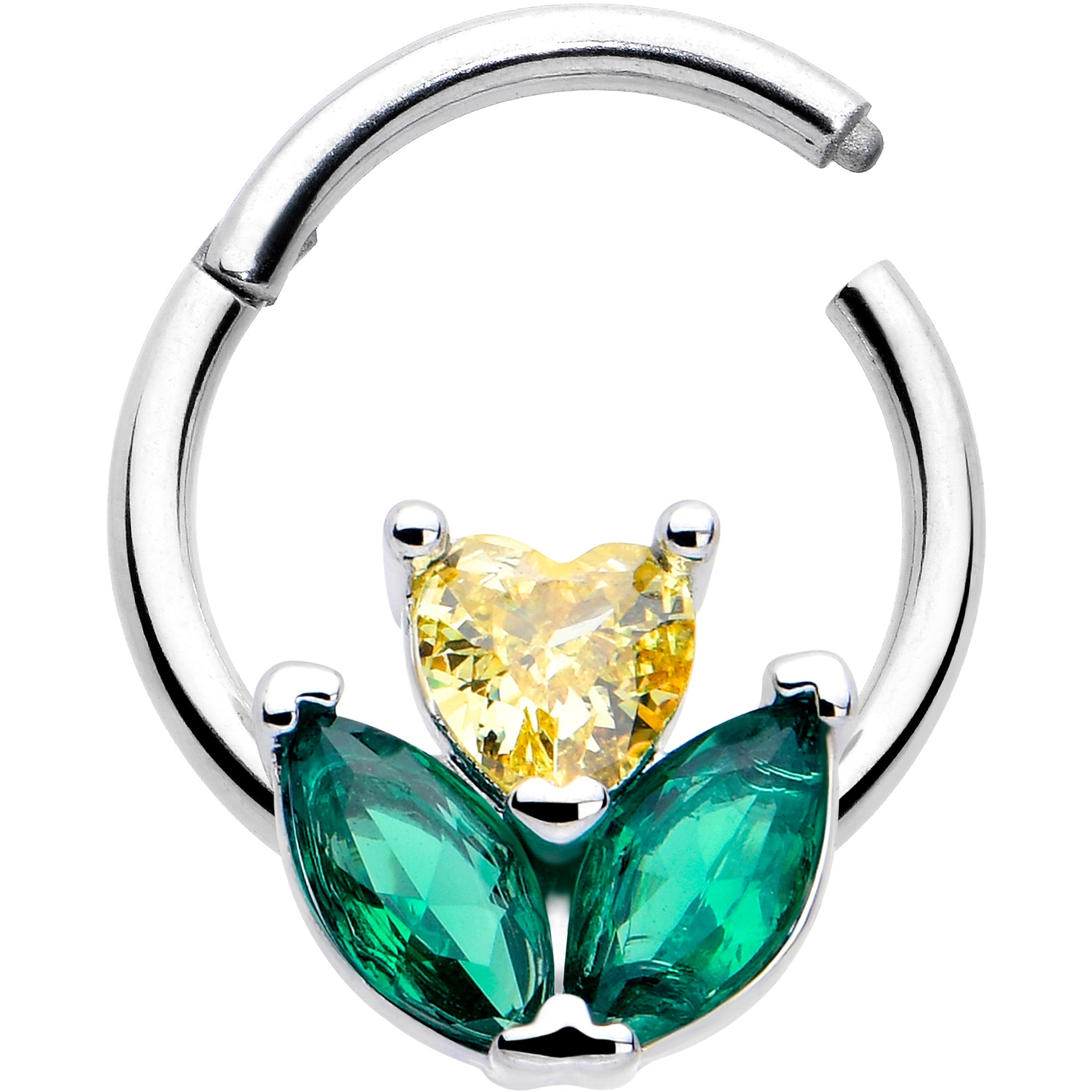BodyCandy 16G 5/16 Yellow Green CZ Gem Love Flower Hinged Segment Ring — detail close-up