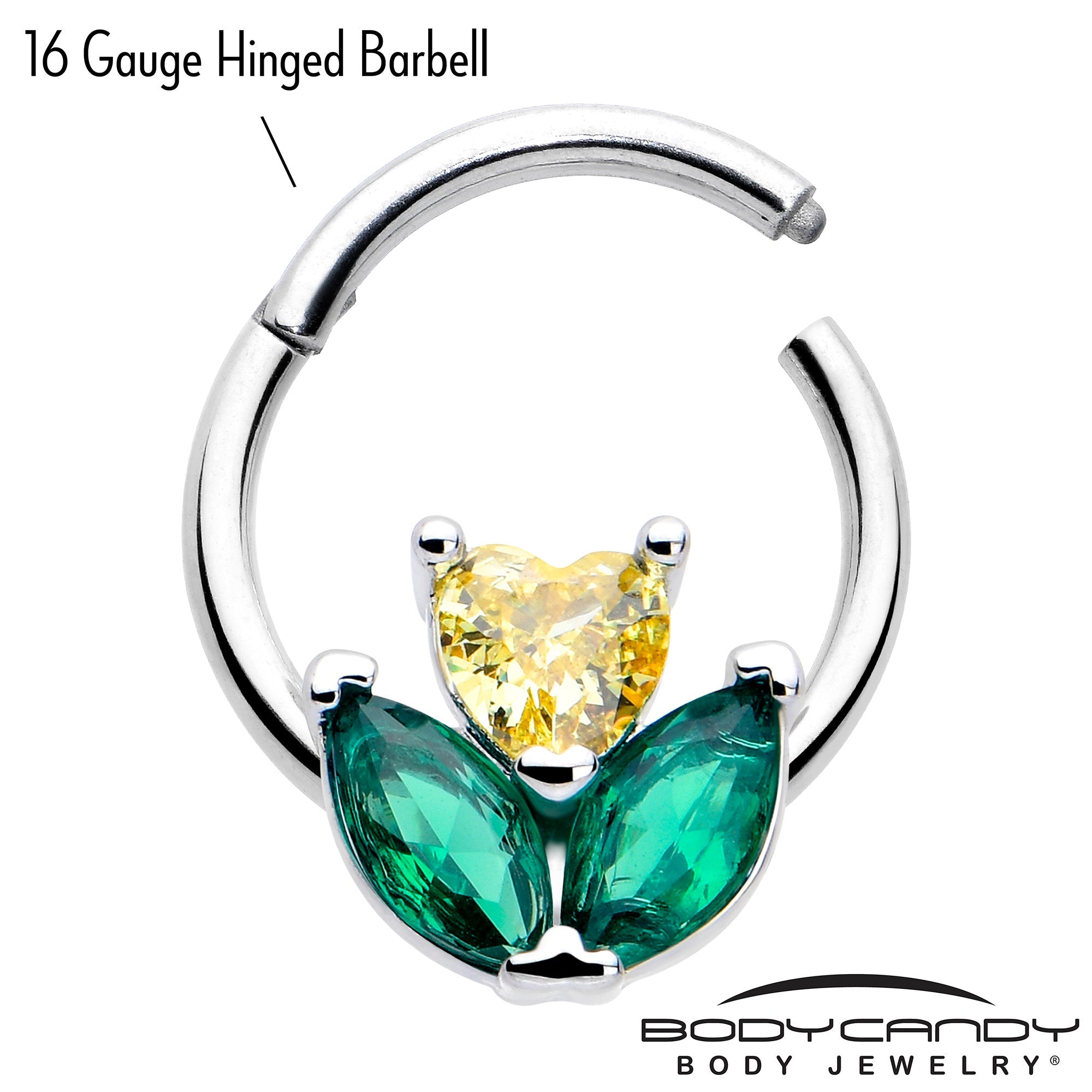 BodyCandy 16G 5/16 Yellow Green CZ Gem Love Flower Hinged Segment Ring — lifestyle context