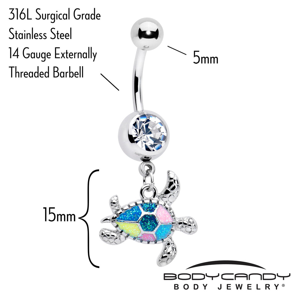 BodyCandy Clear Gem Glitter Turtle Dangle Belly Ring — detail close-up