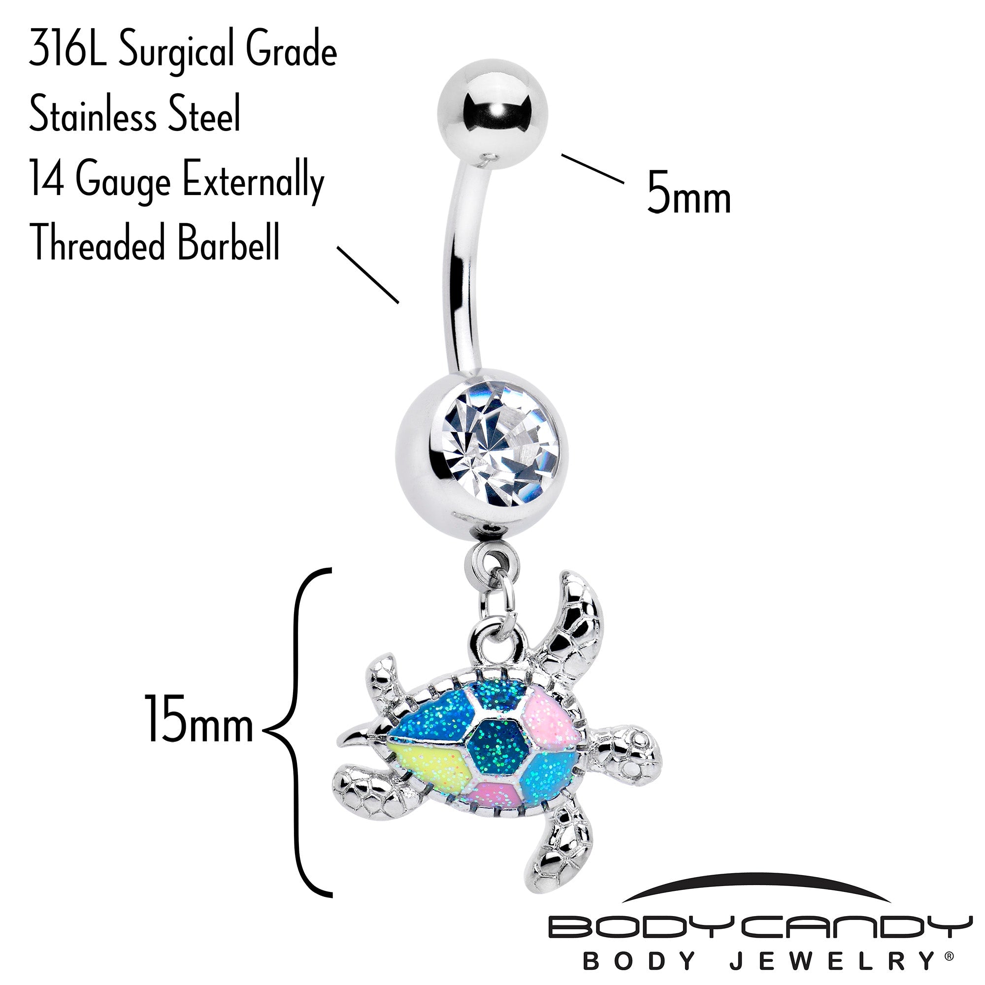 BodyCandy Clear Gem Glitter Turtle Dangle Belly Ring — detail close-up