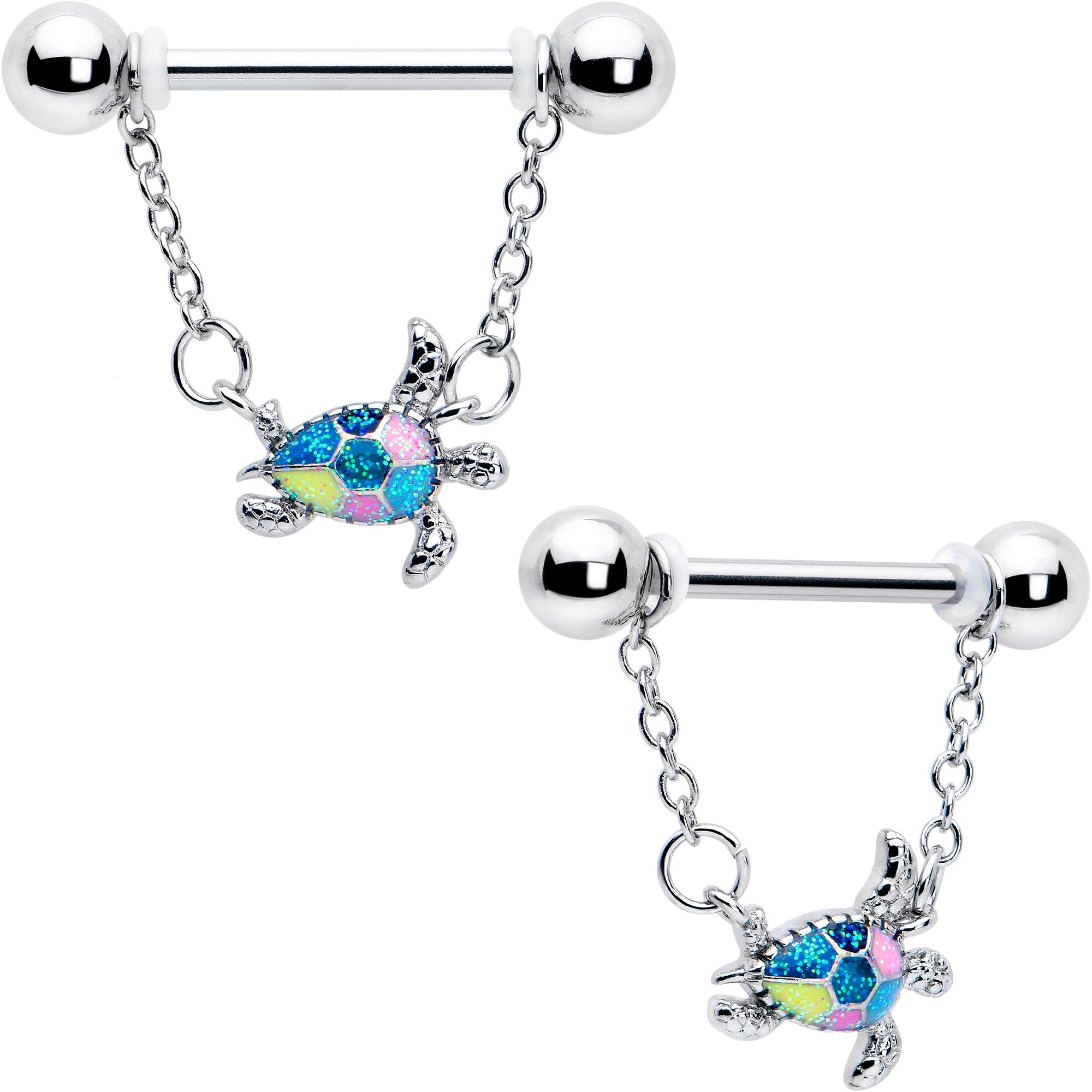 BodyCandy 14G 9/16 Glitter Turtle Chain Dangle Nipple Ring Set — main product shot