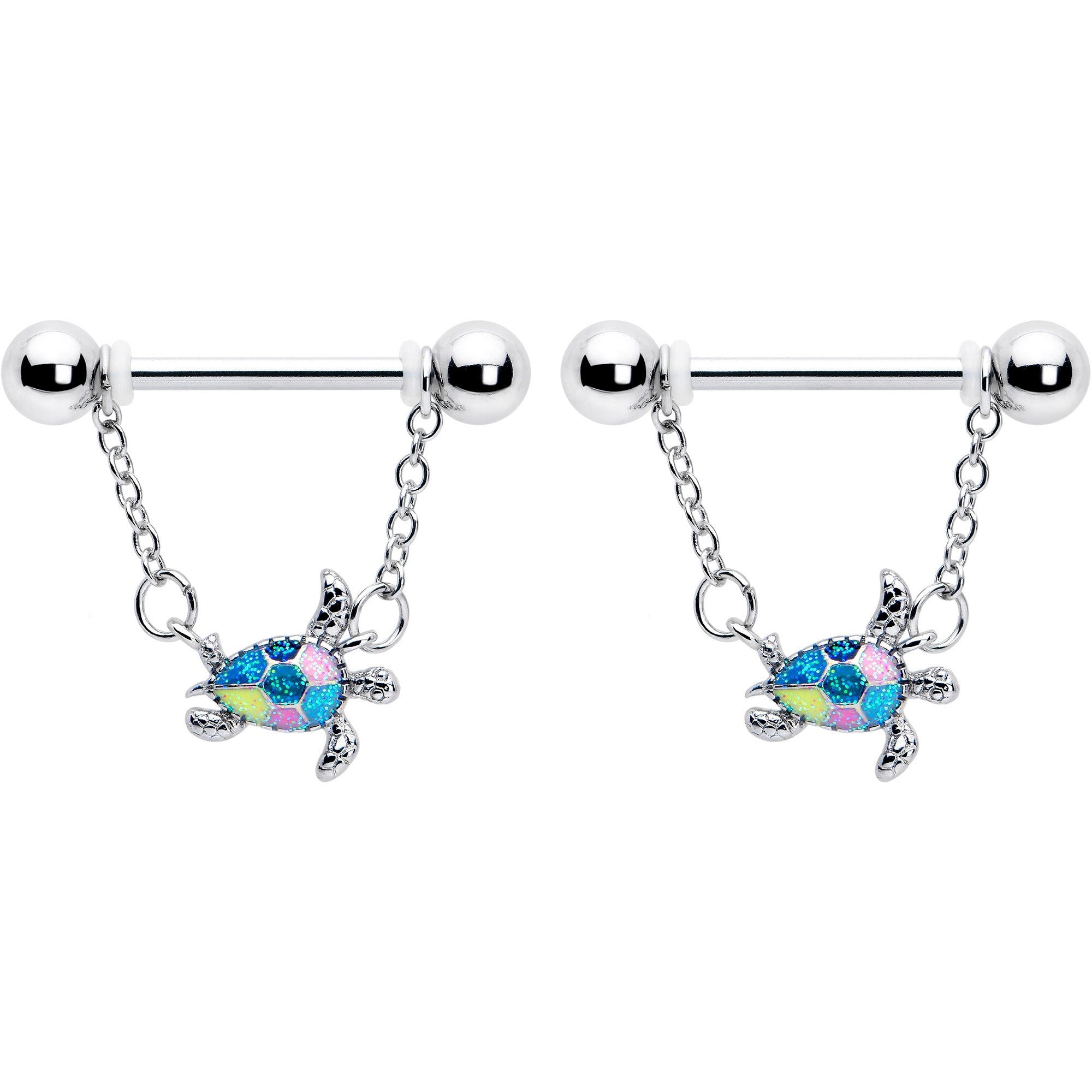 BodyCandy 14G 9/16 Glitter Turtle Chain Dangle Nipple Ring Set — detail close-up