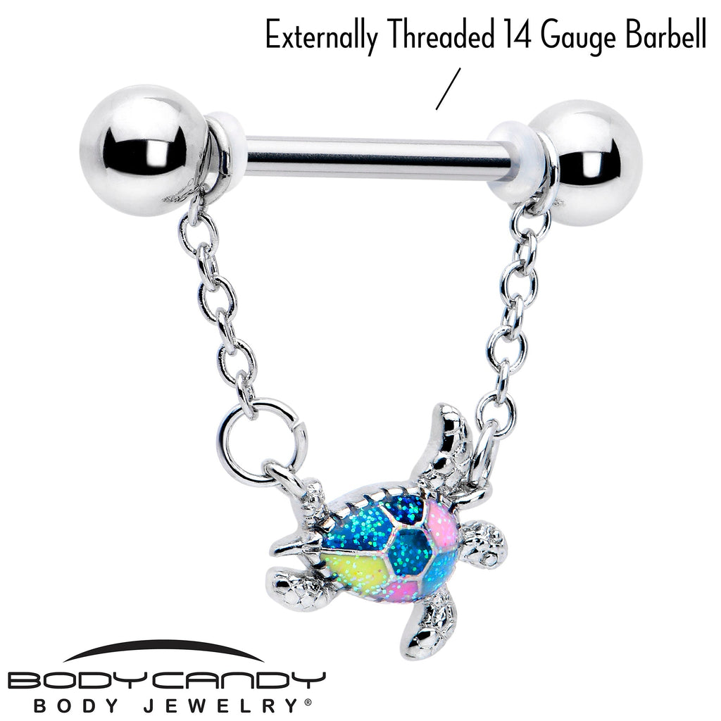 BodyCandy 14G 9/16 Glitter Turtle Chain Dangle Nipple Ring Set — lifestyle context