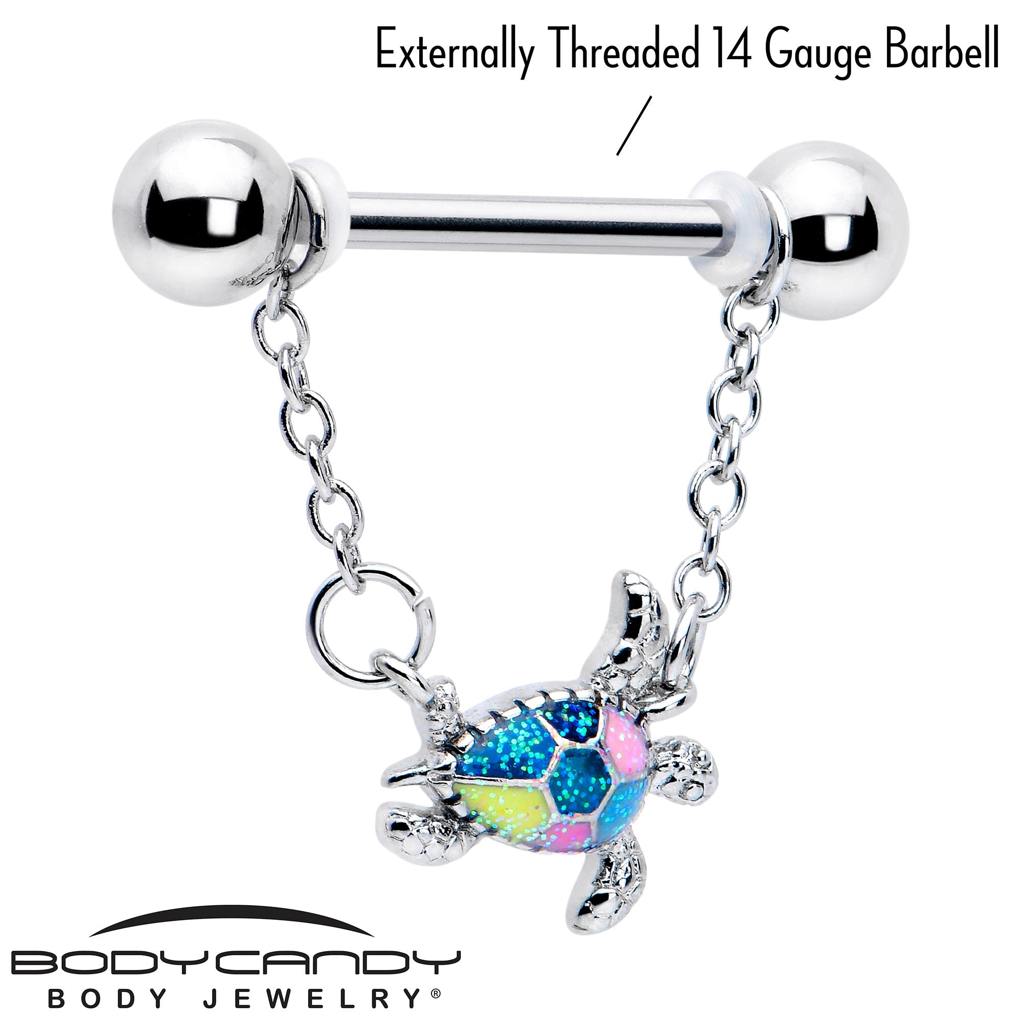 BodyCandy 14G 9/16 Glitter Turtle Chain Dangle Nipple Ring Set — lifestyle context