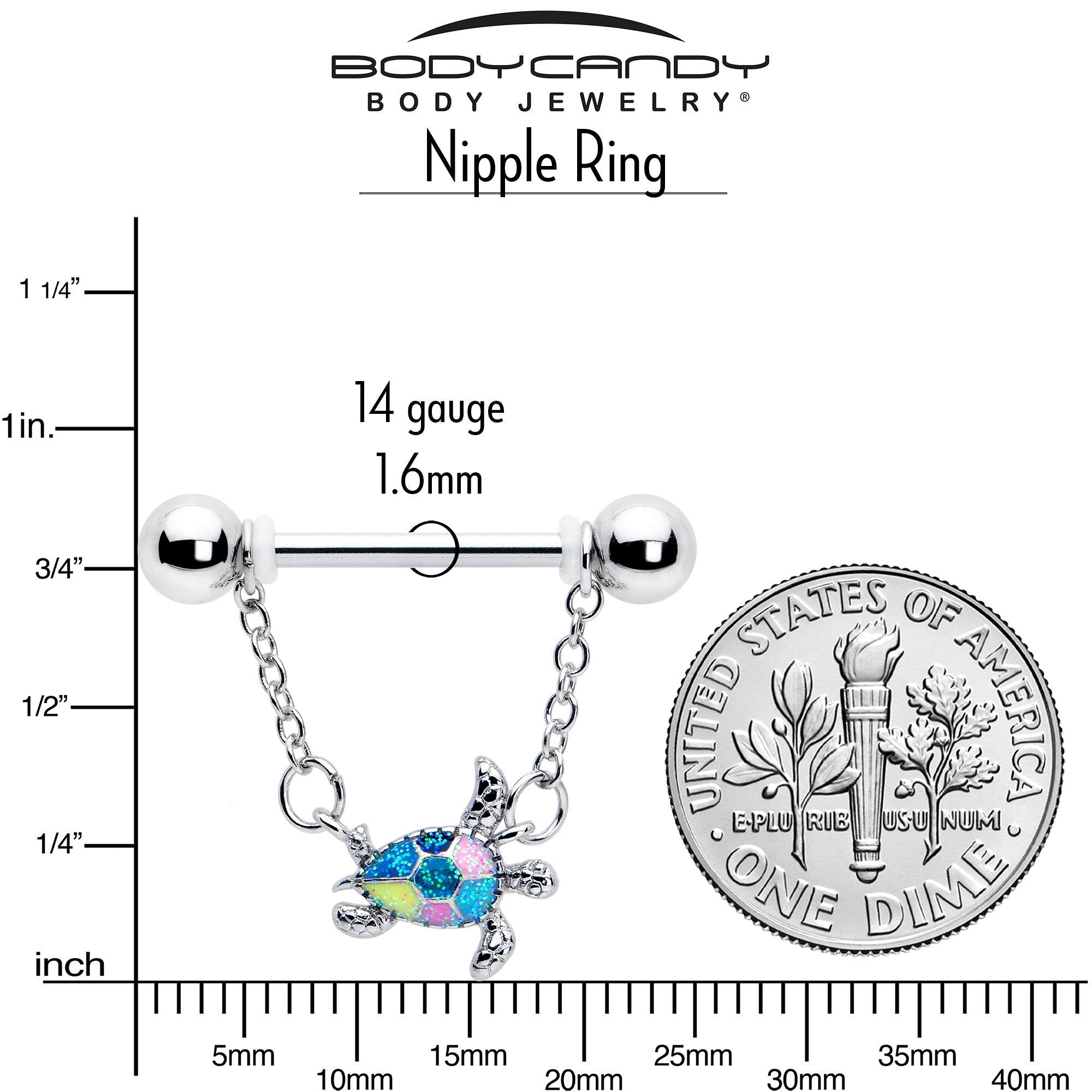 BodyCandy 14G 9/16 Glitter Turtle Chain Dangle Nipple Ring Set — side view