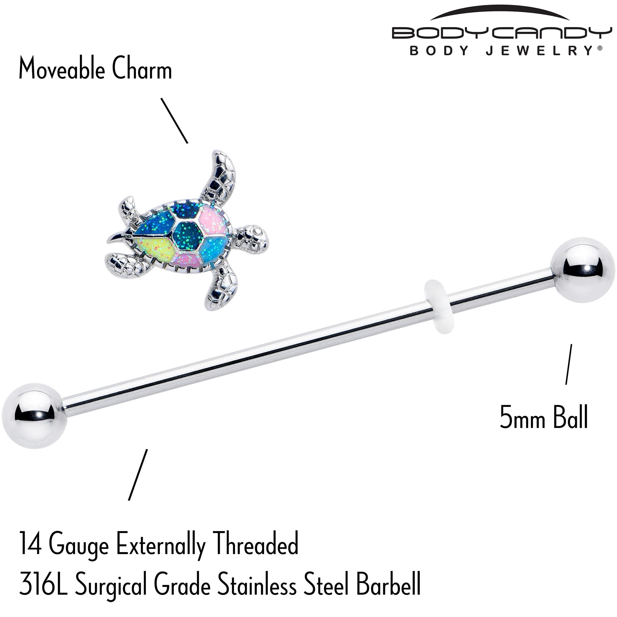 BodyCandy 14G Glitter Turtle Industrial Barbell 38mm — side view