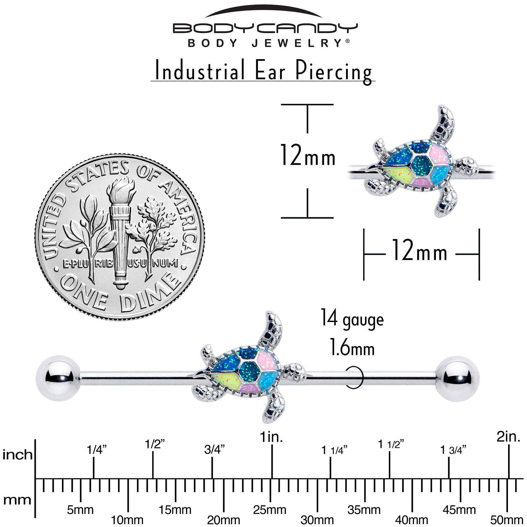 BodyCandy 14G Glitter Turtle Industrial Barbell 38mm — back view