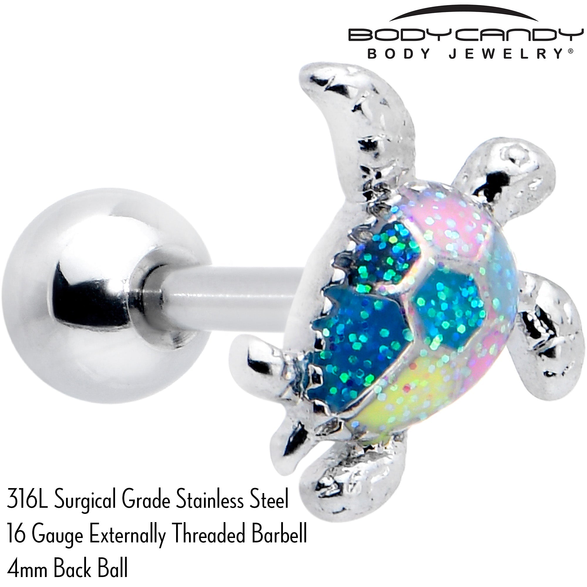 BodyCandy 16G 1/4 Glitter Turtle Cartilage Tragus Earring — detail close-up