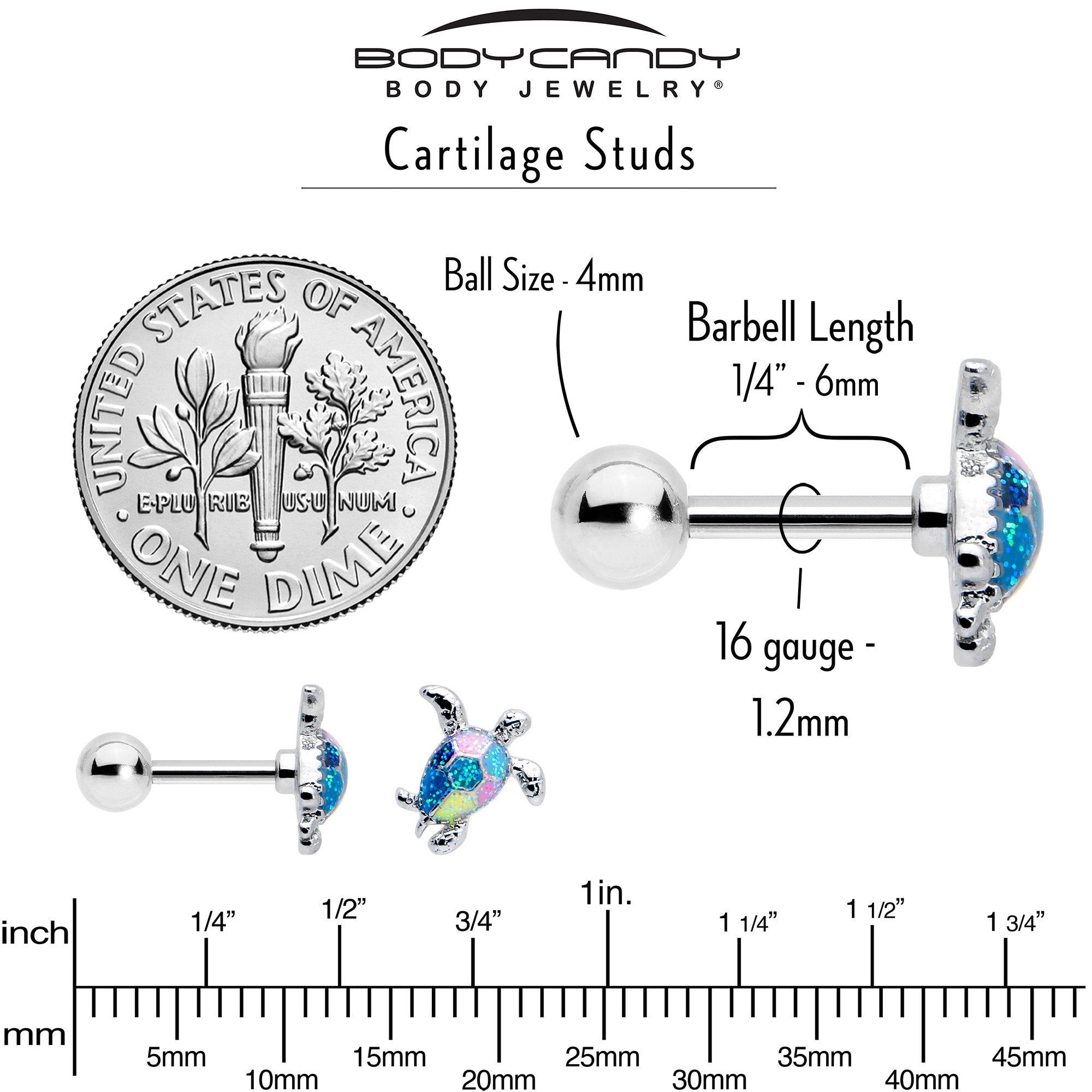 BodyCandy 16G 1/4 Glitter Turtle Cartilage Tragus Earring — back view
