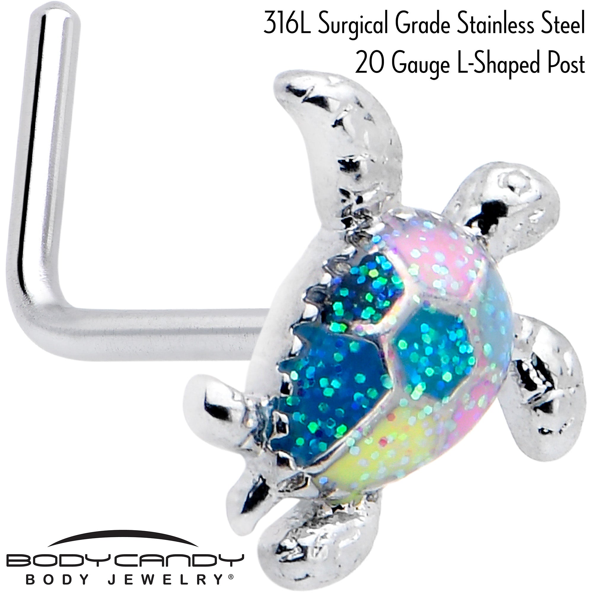 BodyCandy 20G 7mm Glitter Turtle L Shape Nose Ring — detail close-up