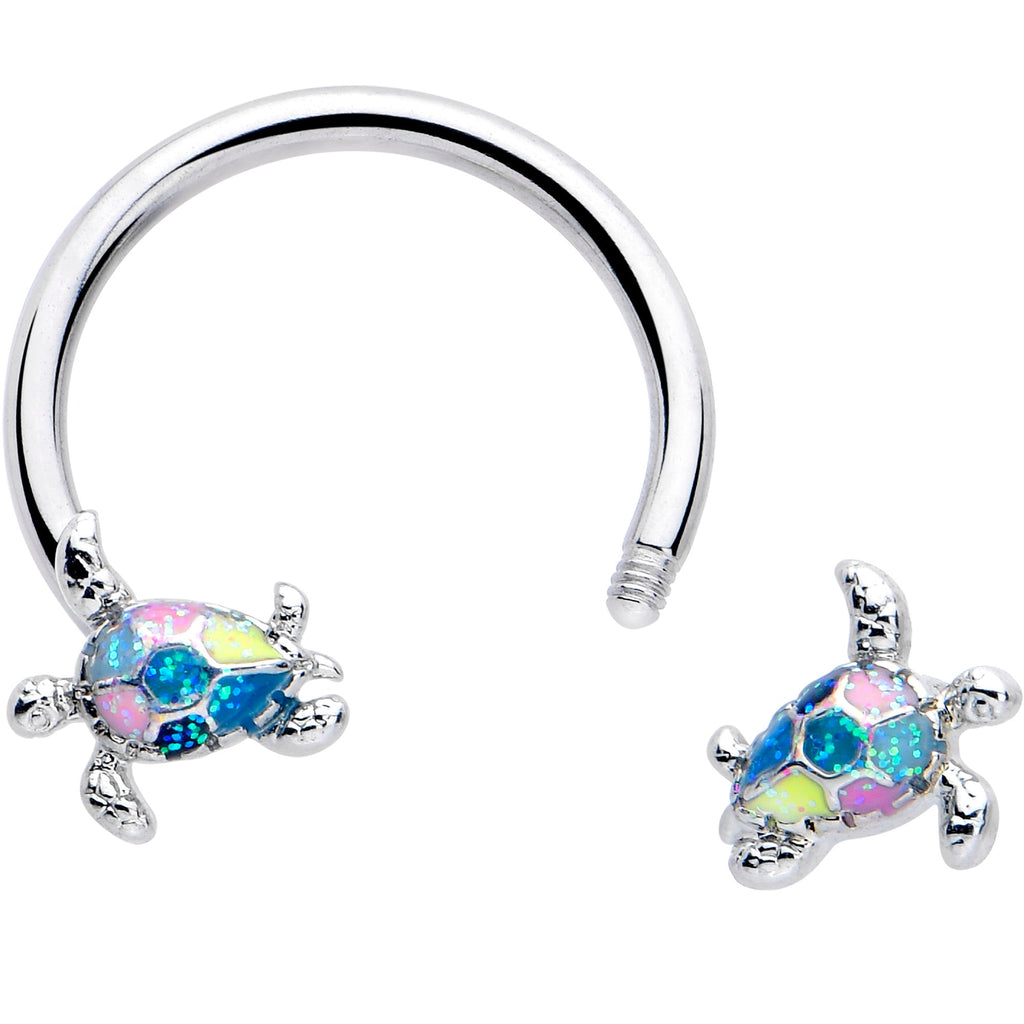 BodyCandy 16G 3/8 Glitter Turtle Horseshoe Circular Barbell — detail close-up