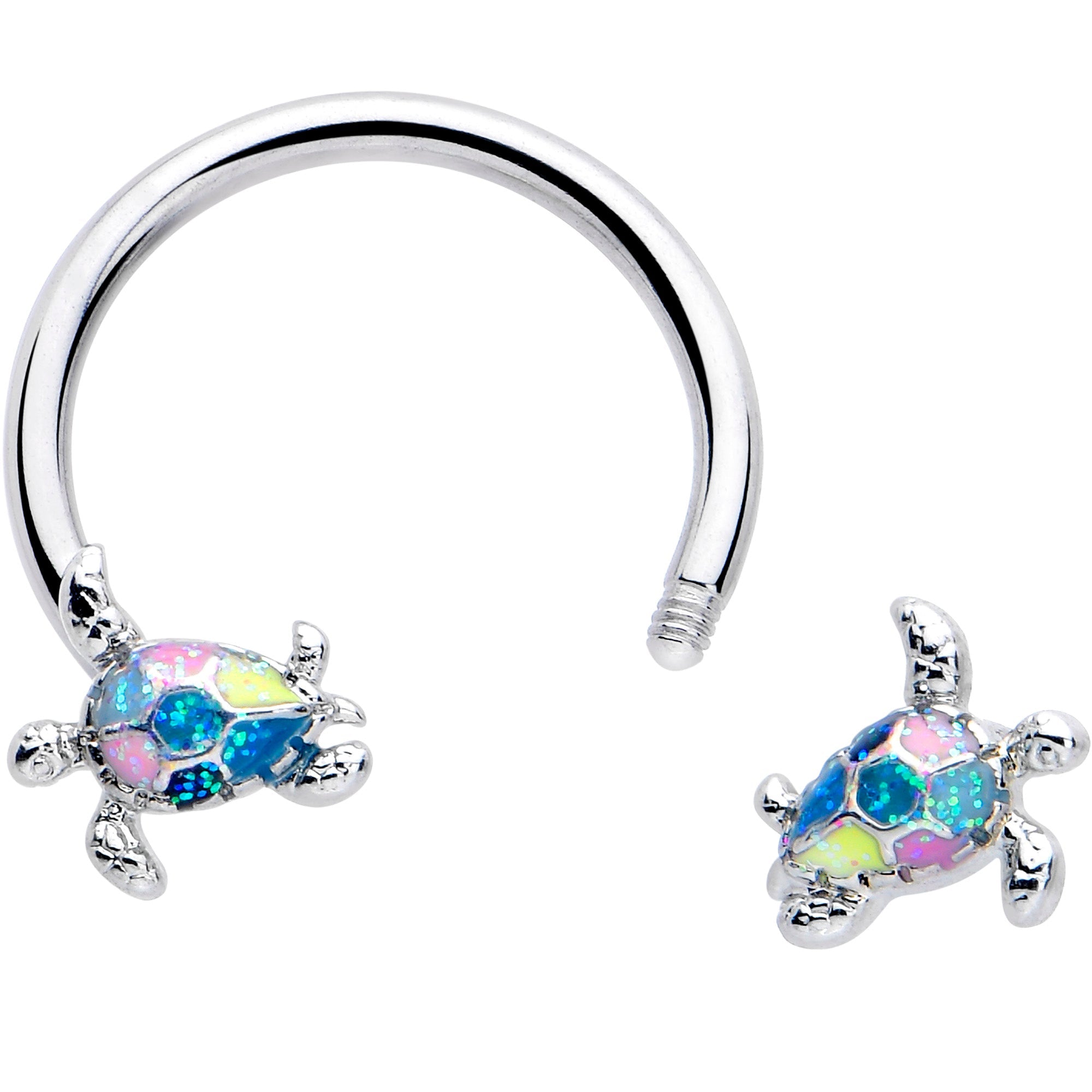 BodyCandy 16G 3/8 Glitter Turtle Horseshoe Circular Barbell — detail close-up