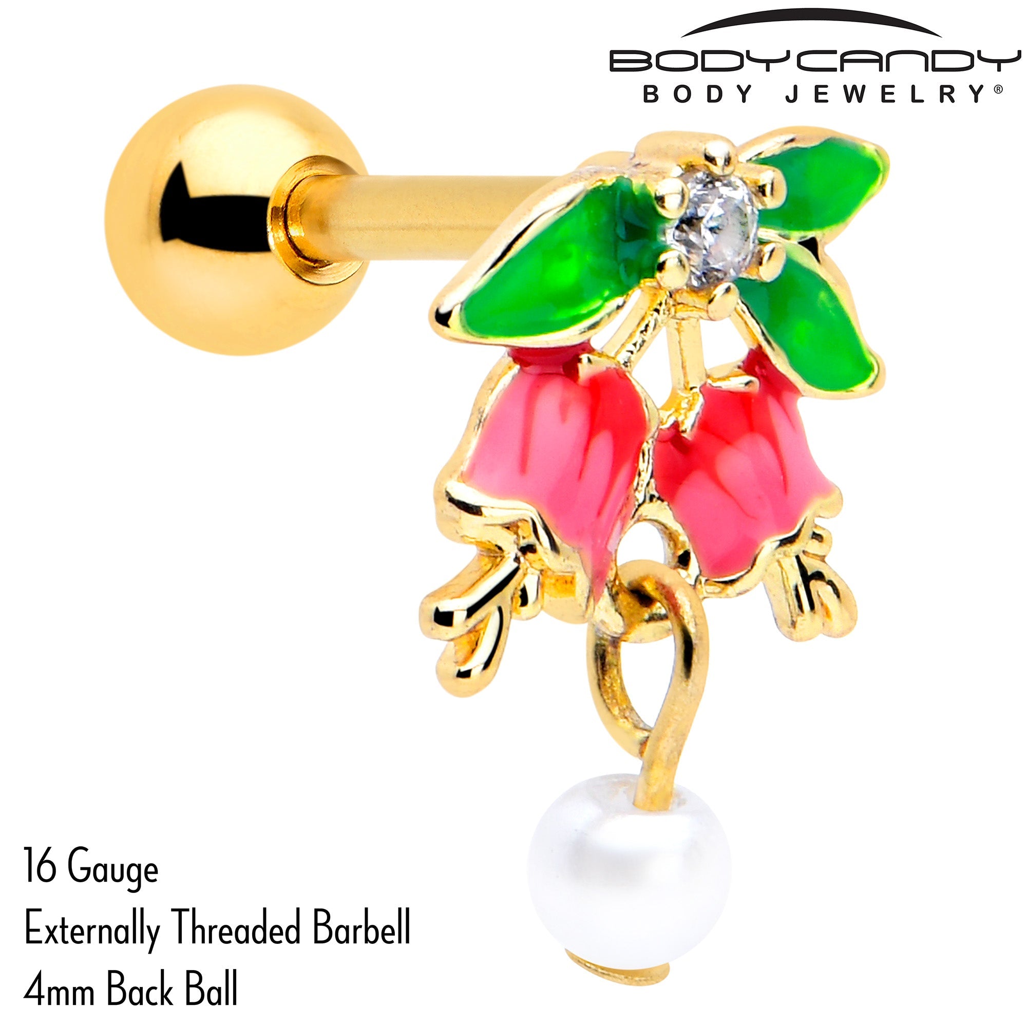 BodyCandy 16G 1/4 Clear CZ Gem Gold Tone Bell Flower Cartilage Tragus Earring — detail close-up