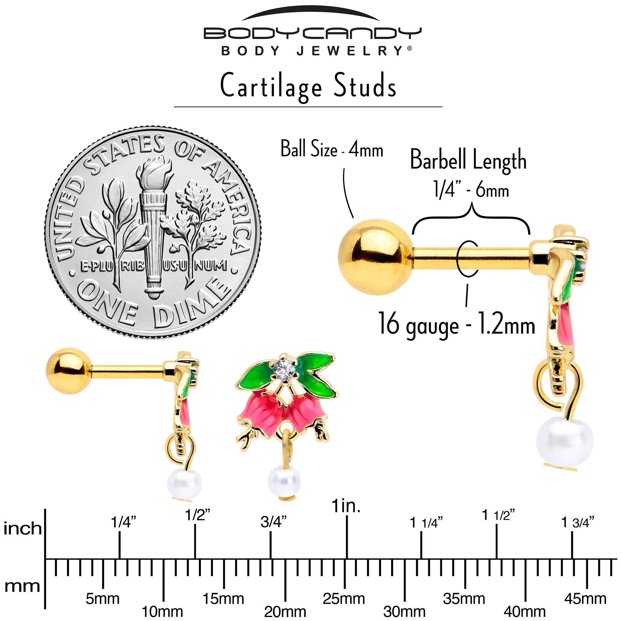 BodyCandy 16G 1/4 Clear CZ Gem Gold Tone Bell Flower Cartilage Tragus Earring — back view