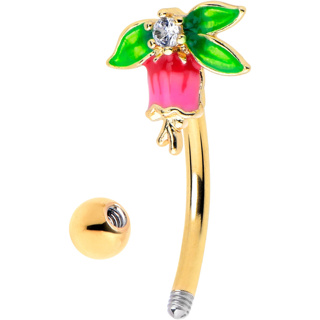 BodyCandy 16G 5/16 Clear CZ Gem Gold Tone Bell Flower Curved Eyebrow Ring — detail close-up