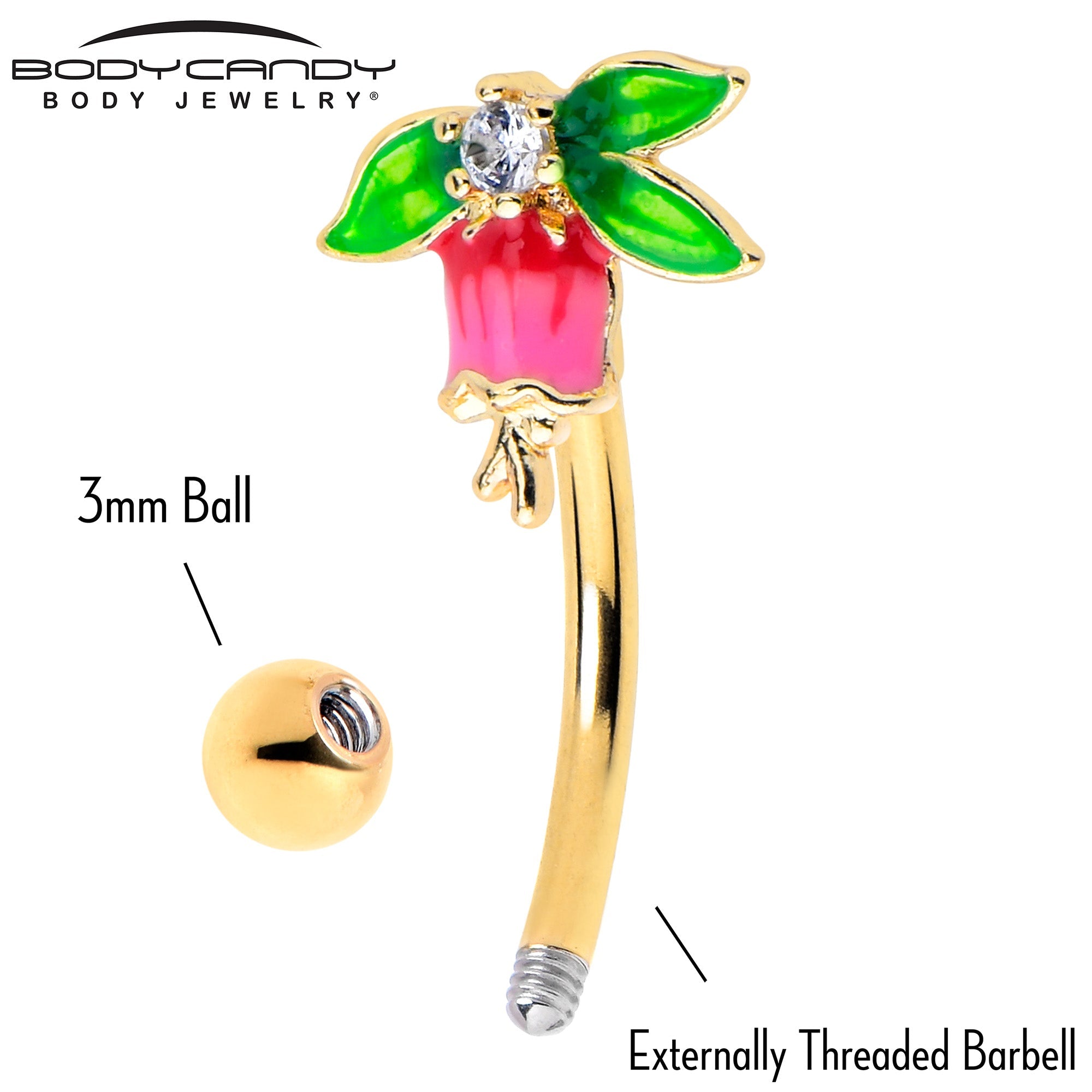 BodyCandy 16G 5/16 Clear CZ Gem Gold Tone Bell Flower Curved Eyebrow Ring — side view