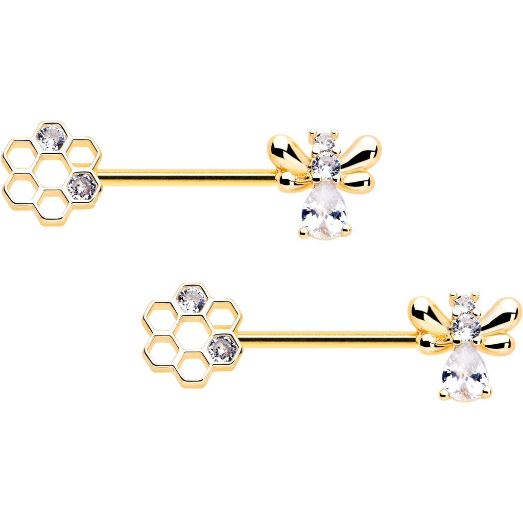 BodyCandy 14G 9/16 Clear CZ Gem Gold Tone Bee Hive Luv Barbell Nipple Ring Set — main product shot
