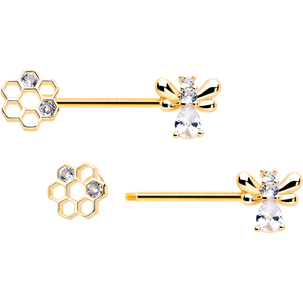 BodyCandy 14G 9/16 Clear CZ Gem Gold Tone Bee Hive Luv Barbell Nipple Ring Set — detail close-up