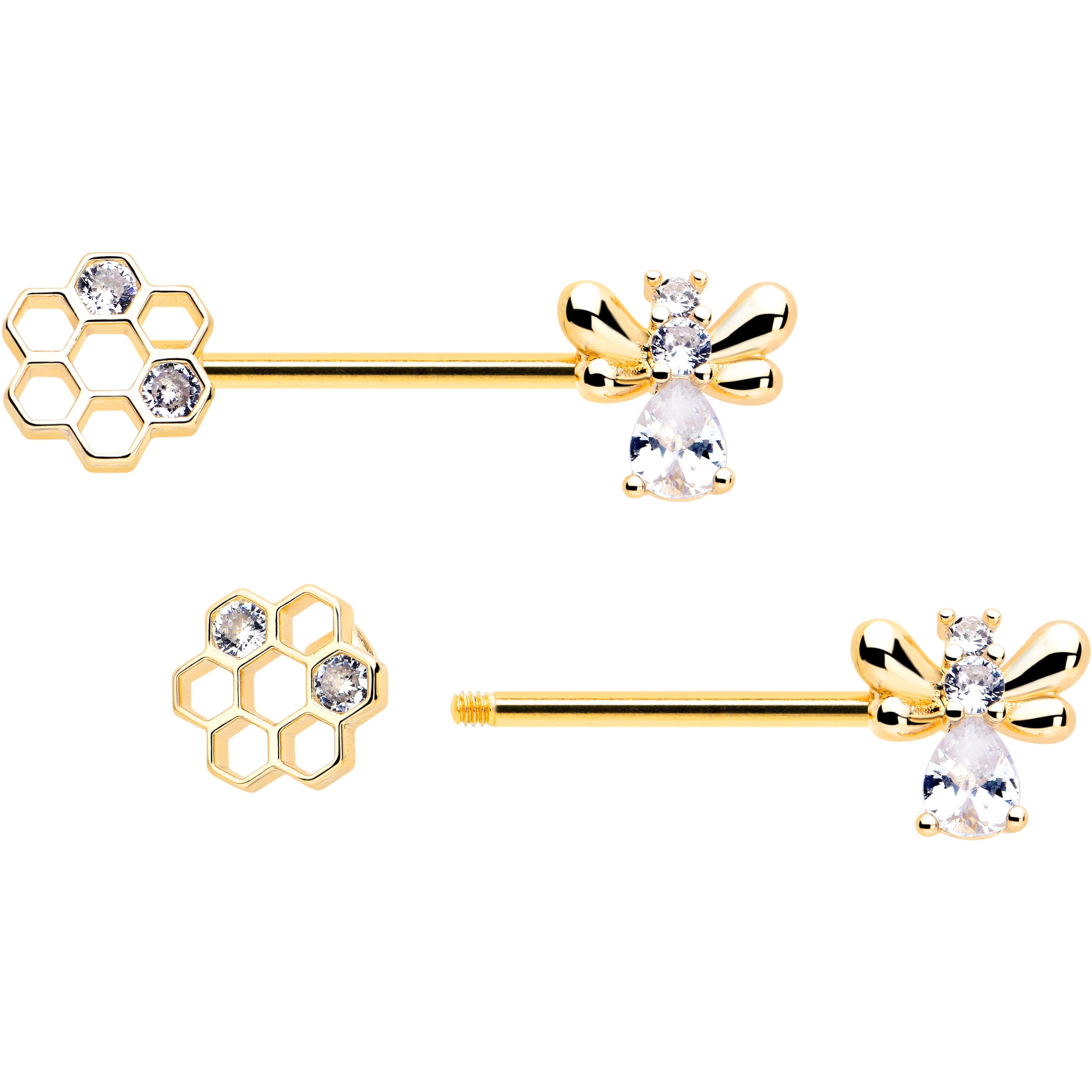 BodyCandy 14G 9/16 Clear CZ Gem Gold Tone Bee Hive Luv Barbell Nipple Ring Set — detail close-up
