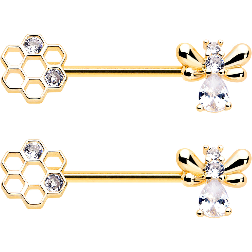 BodyCandy 14G 9/16 Clear CZ Gem Gold Tone Bee Hive Luv Barbell Nipple Ring Set — lifestyle context