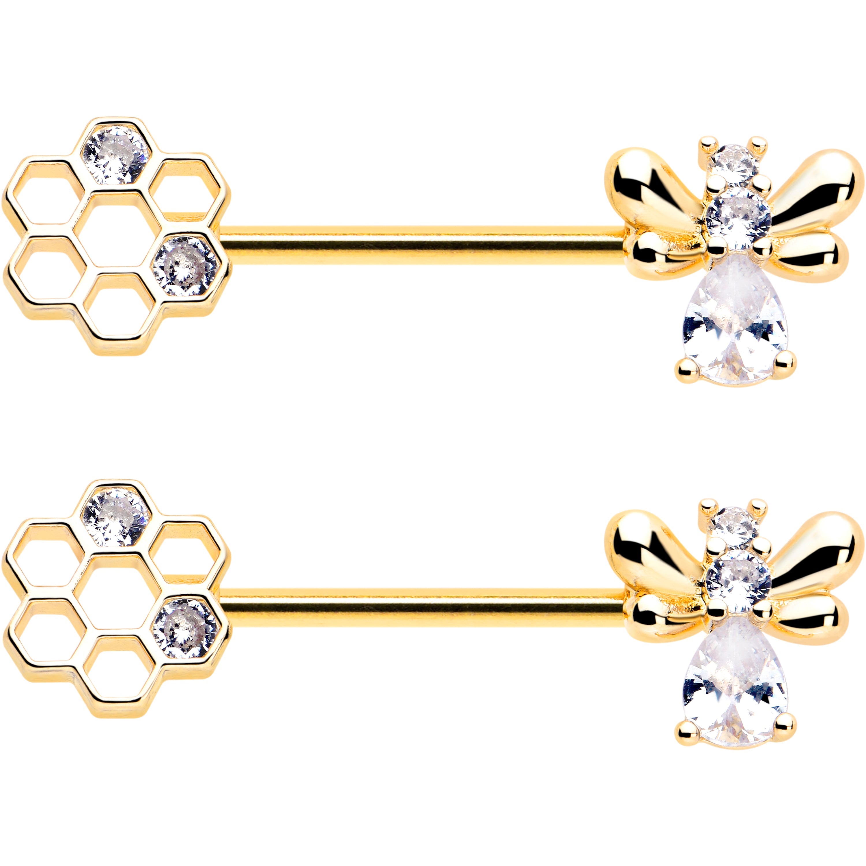 BodyCandy 14G 9/16 Clear CZ Gem Gold Tone Bee Hive Luv Barbell Nipple Ring Set — lifestyle context