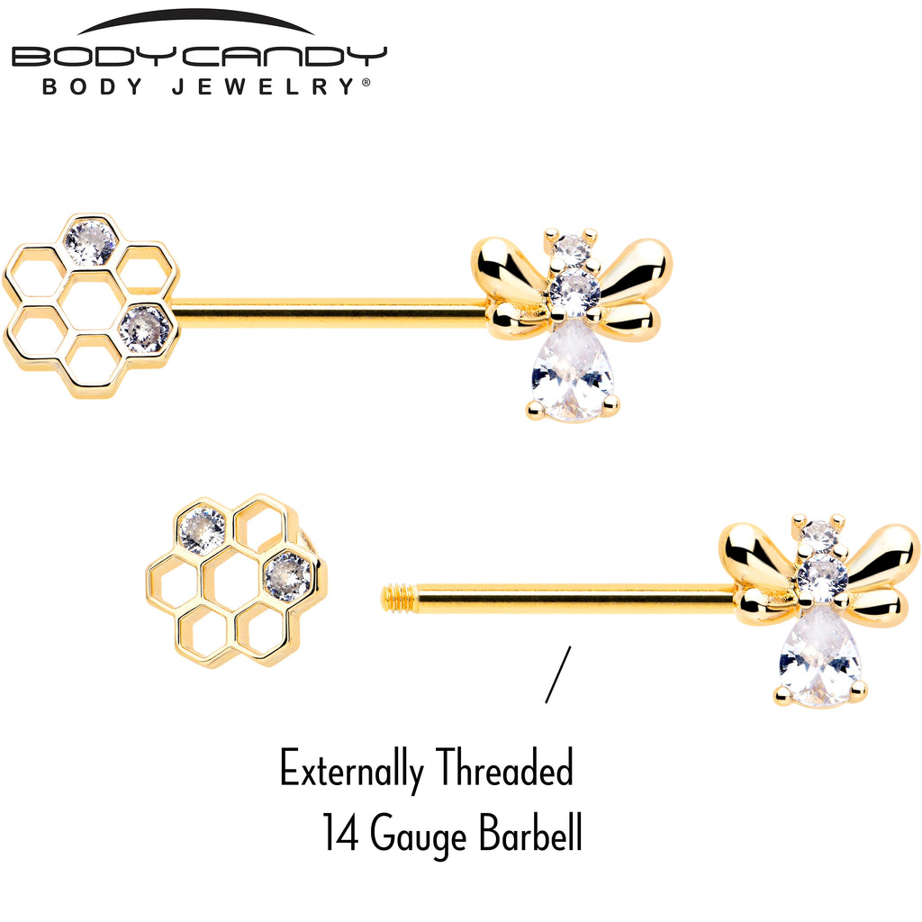BodyCandy 14G 9/16 Clear CZ Gem Gold Tone Bee Hive Luv Barbell Nipple Ring Set — side view