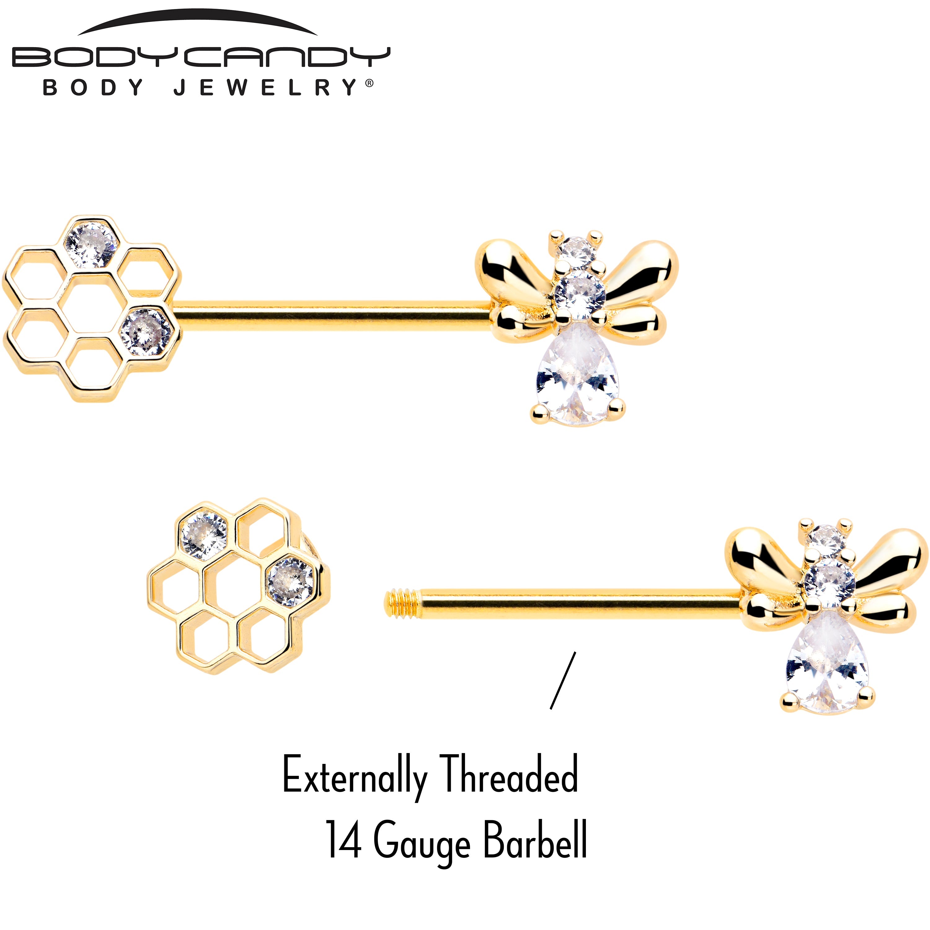 BodyCandy 14G 9/16 Clear CZ Gem Gold Tone Bee Hive Luv Barbell Nipple Ring Set — side view