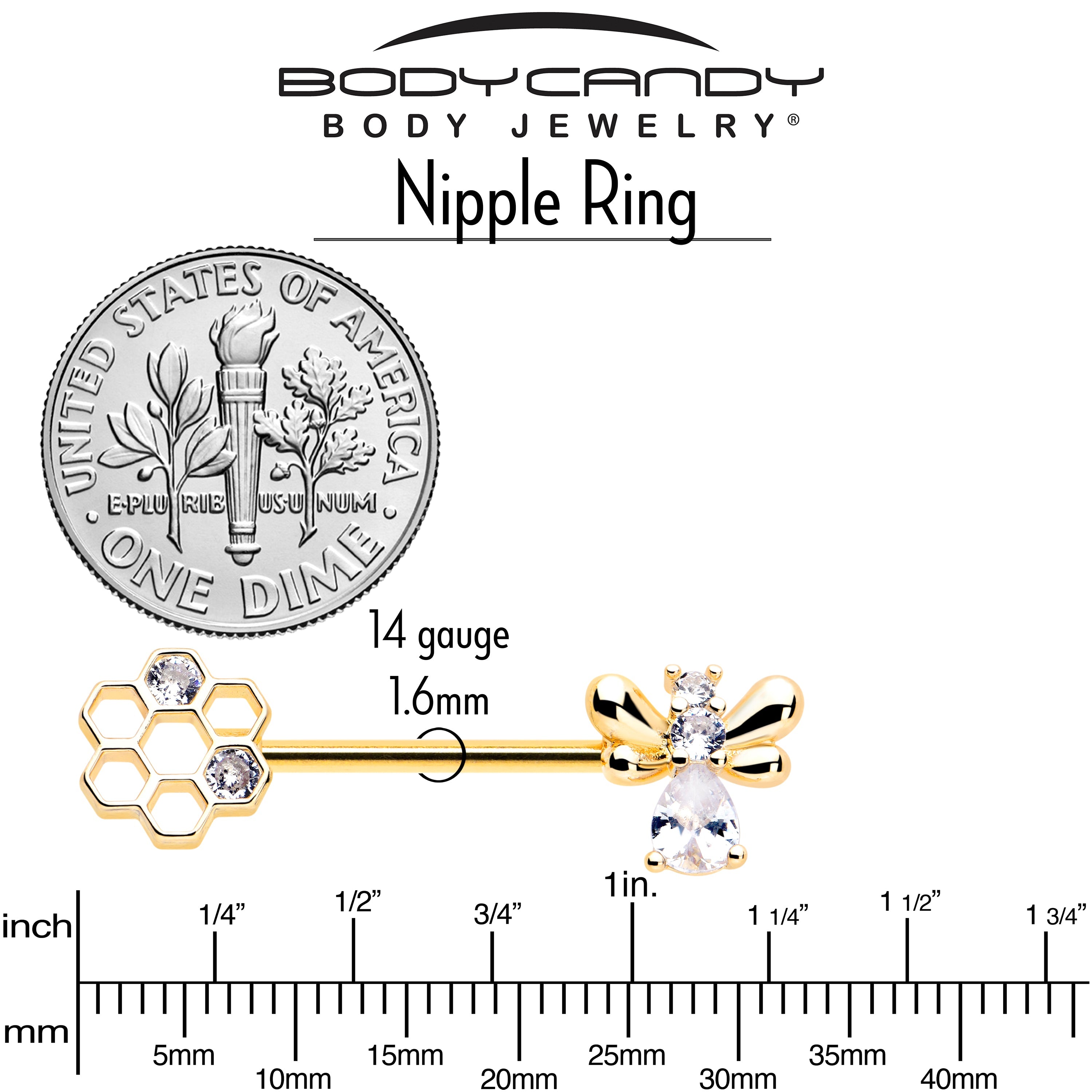 BodyCandy 14G 9/16 Clear CZ Gem Gold Tone Bee Hive Luv Barbell Nipple Ring Set — back view